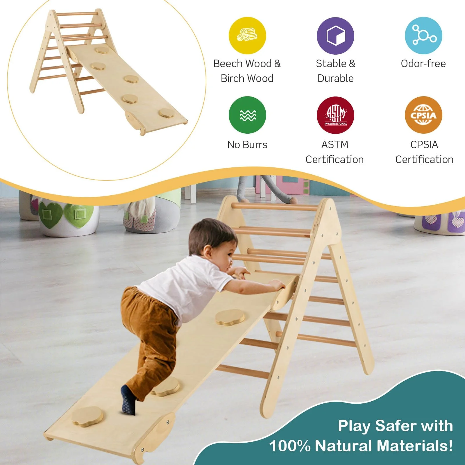 HONEY JOY Wooden Climbing Triangle Ladder for Kids, Children Montessori Triangle Climber with Adjustable Angle’s Ramp for Climb - Image 4