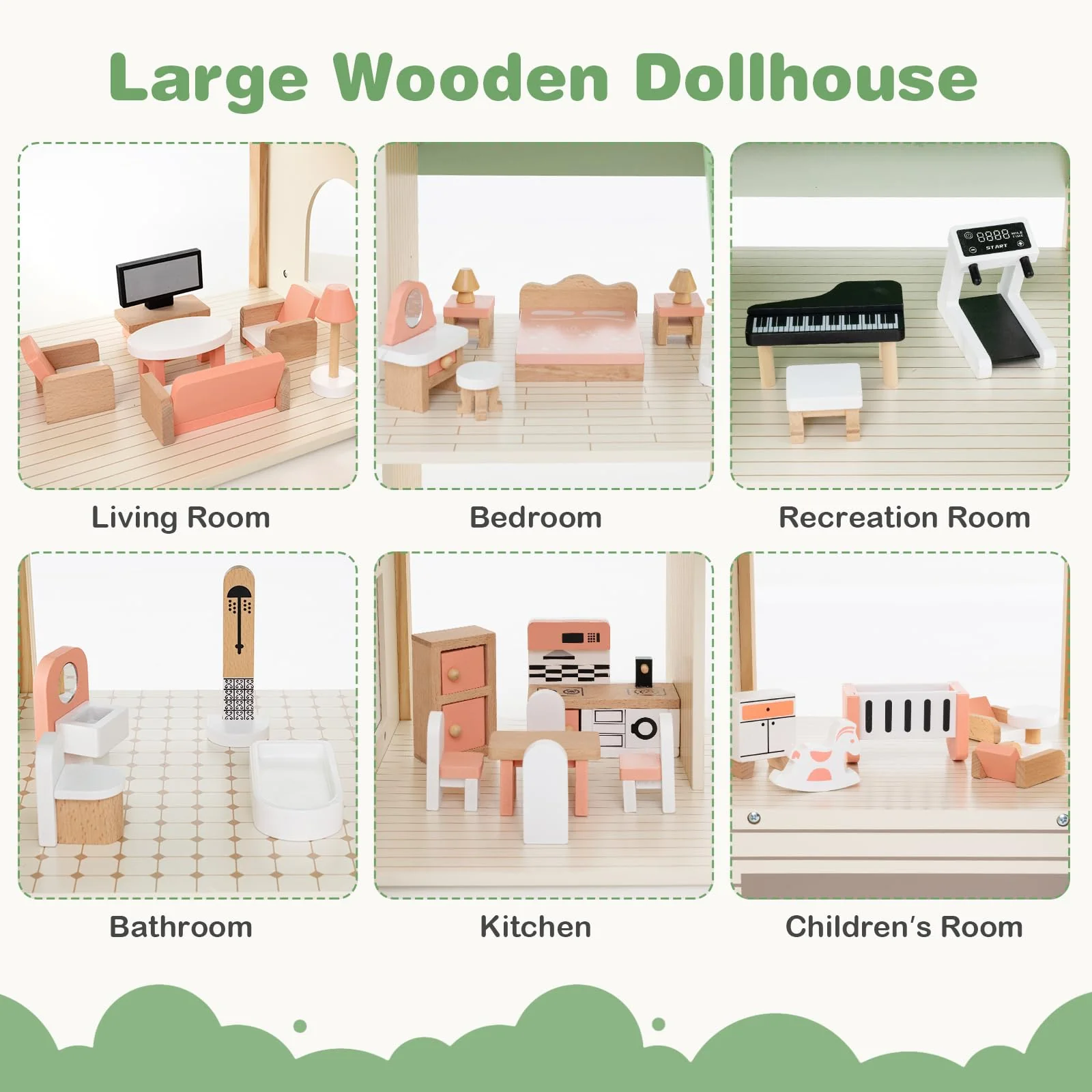 HONEY JOY Wooden Corner Dollhouse Playset, Green Roof Doll House with 34 Pieces of Furniture and Accessories - Image 3
