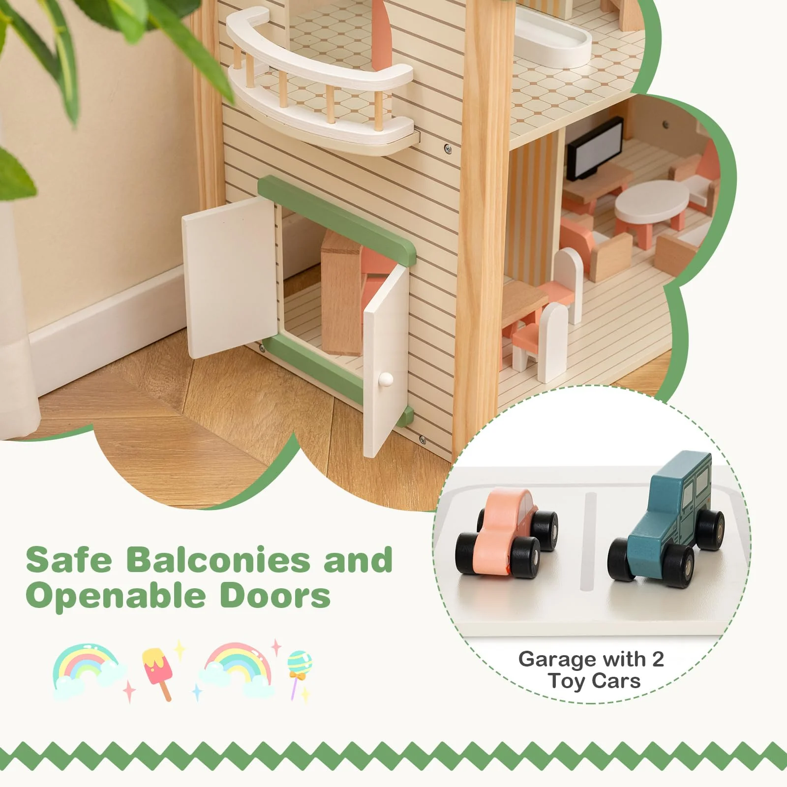 HONEY JOY Wooden Corner Dollhouse Playset, Green Roof Doll House with 34 Pieces of Furniture and Accessories - Image 4