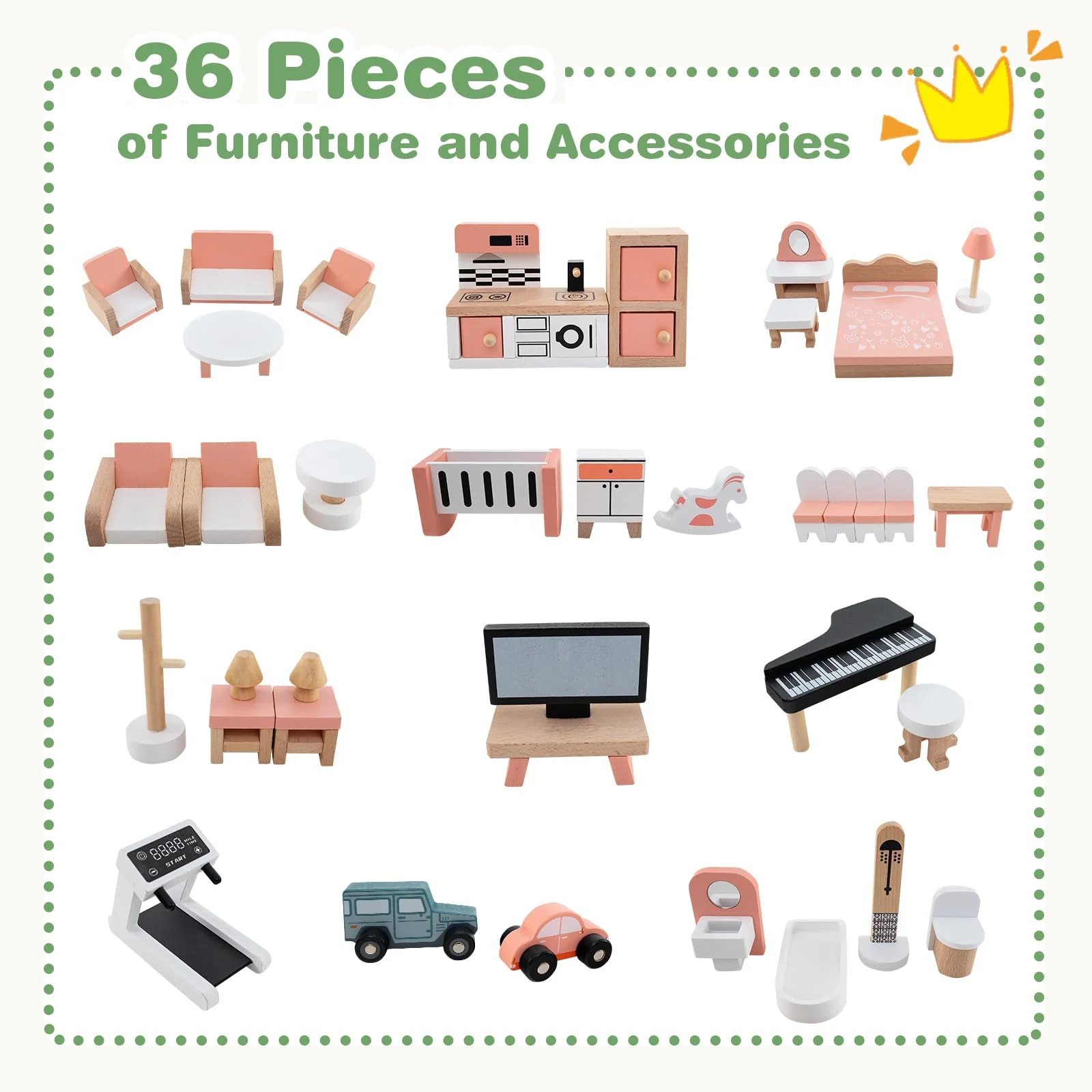 HONEY JOY Wooden Corner Dollhouse Playset, Green Roof Doll House with 34 Pieces of Furniture and Accessories - Image 5