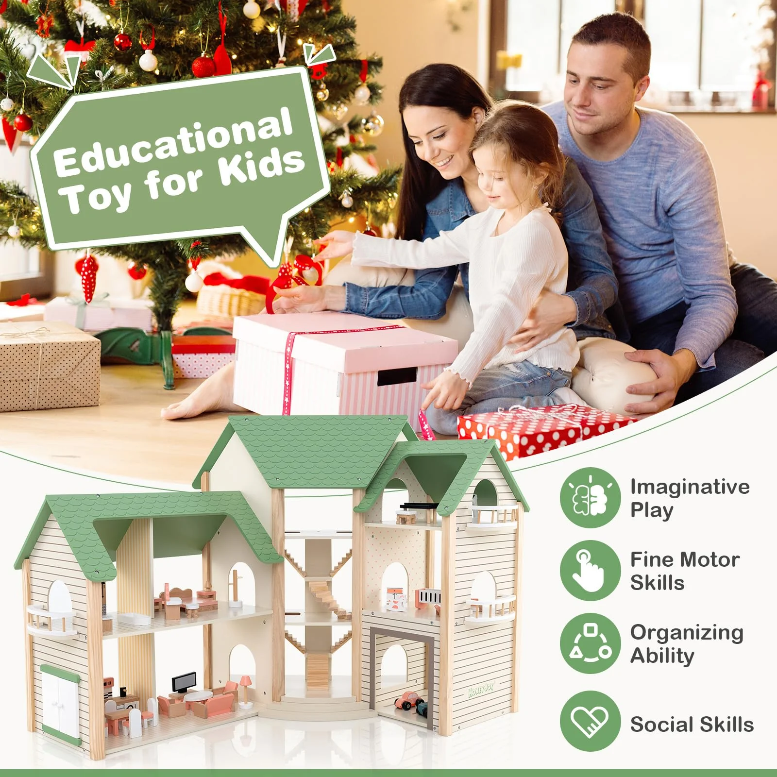 HONEY JOY Wooden Corner Dollhouse Playset, Green Roof Doll House with 34 Pieces of Furniture and Accessories - Image 6