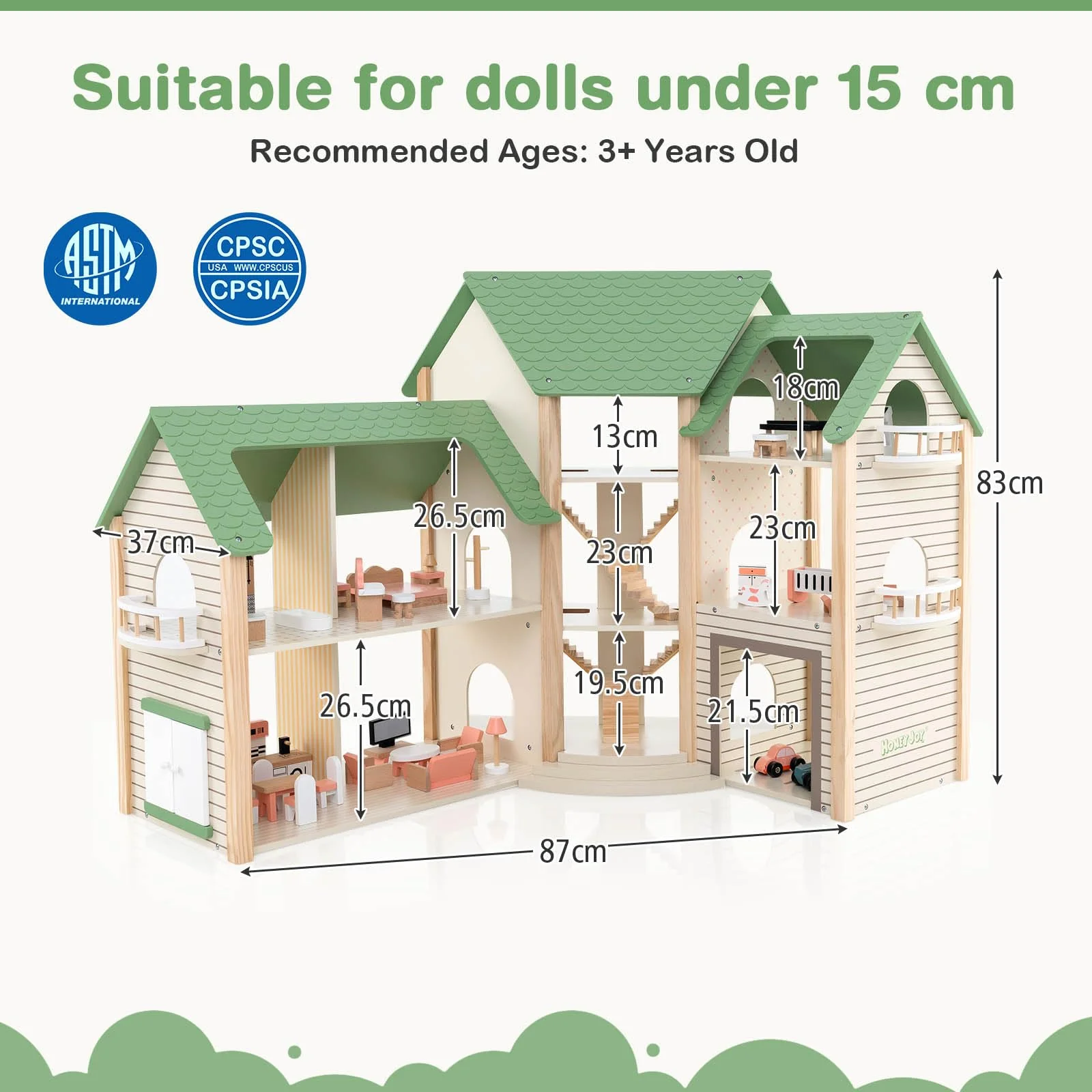 HONEY JOY Wooden Corner Dollhouse Playset, Green Roof Doll House with 34 Pieces of Furniture and Accessories - Image 7