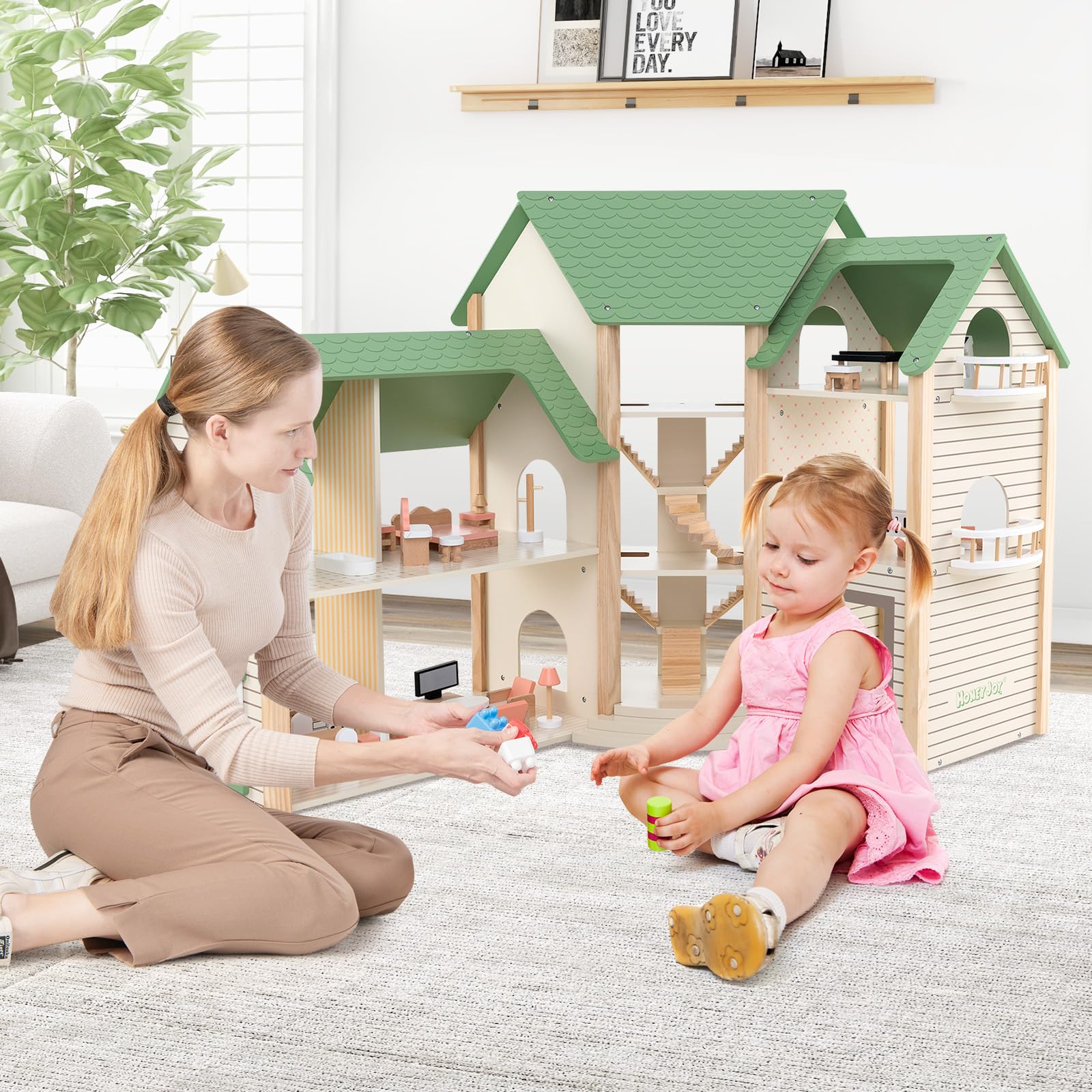 HONEY JOY Wooden Corner Dollhouse Playset, Green Roof Doll House with 34 Pieces of Furniture and Accessories - Image 8