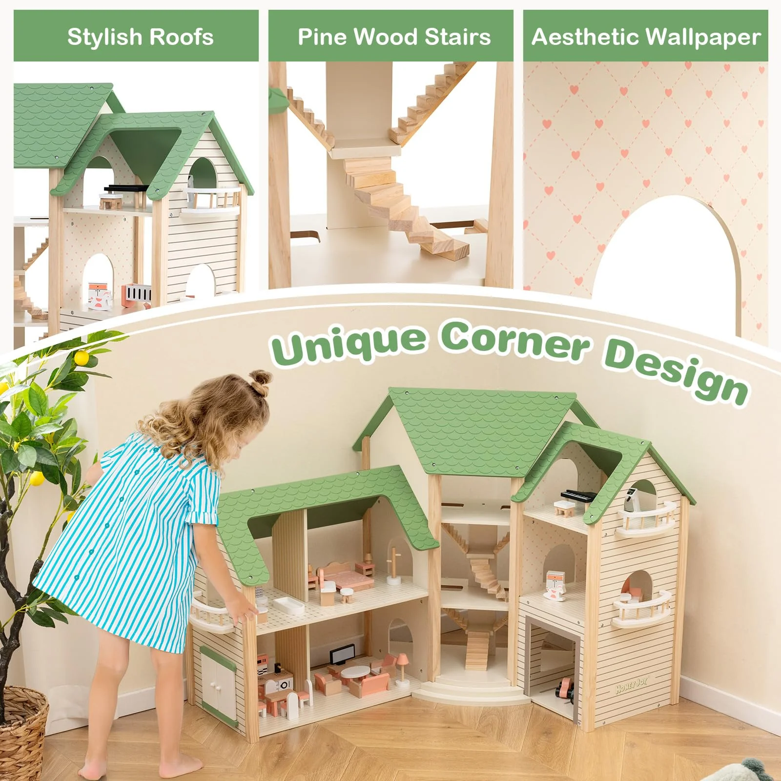 HONEY JOY Wooden Corner Dollhouse Playset, Green Roof Doll House with 34 Pieces of Furniture and Accessories - Image 9