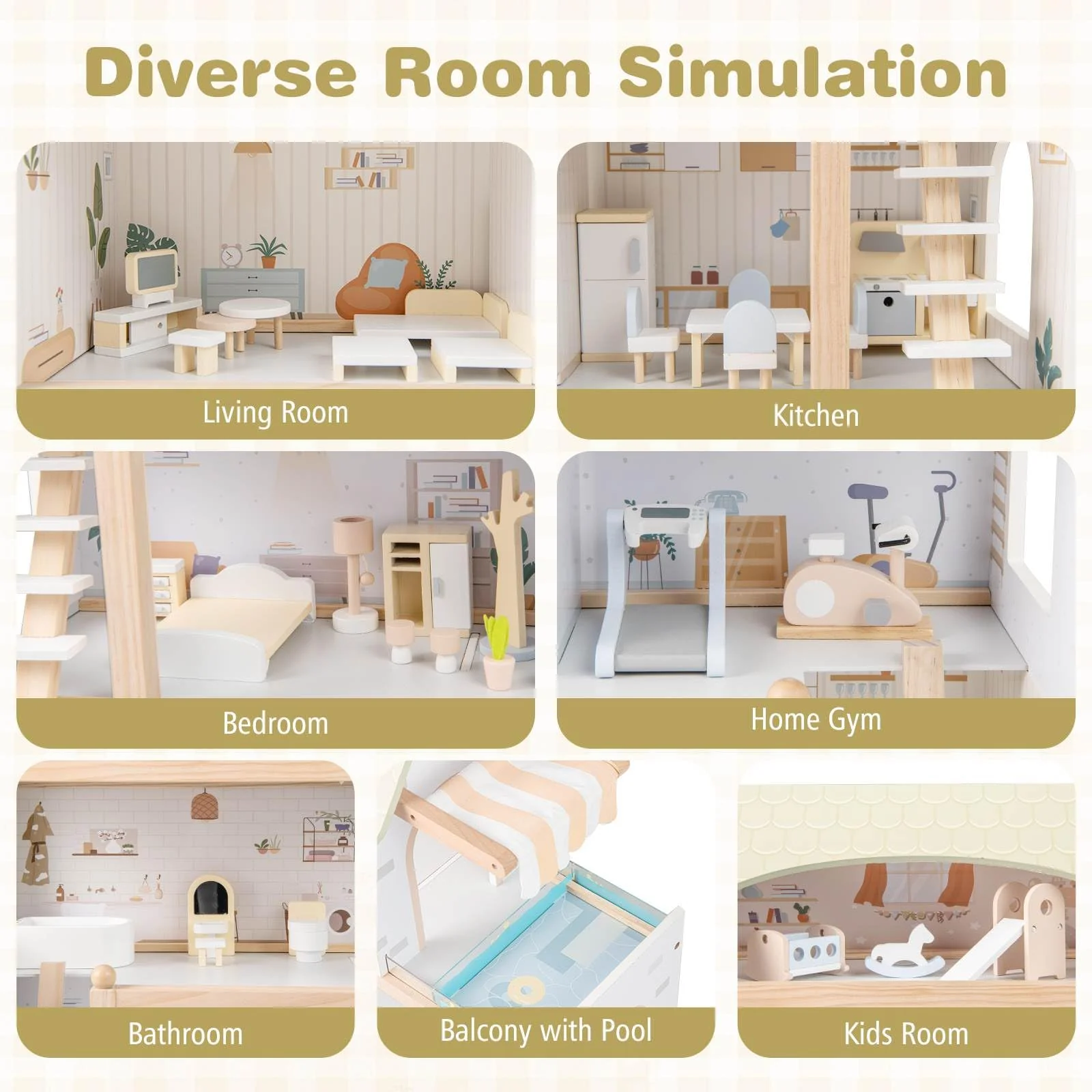 HONEY JOY Wooden Dollhouse, 4-Story Kids DIY Pretend Playhouse - Image 4