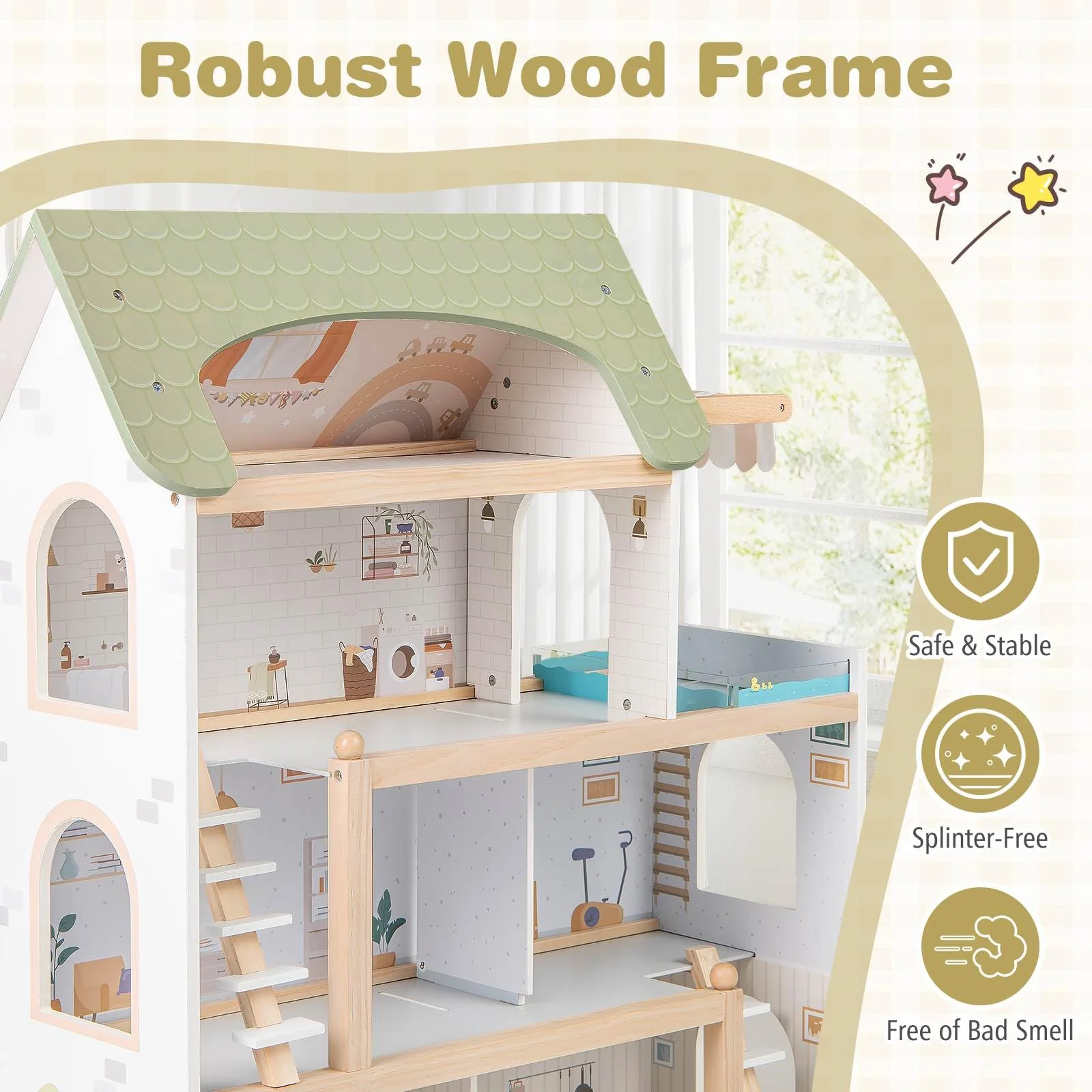 HONEY JOY Wooden Dollhouse, 4-Story Kids DIY Pretend Playhouse - Image 6