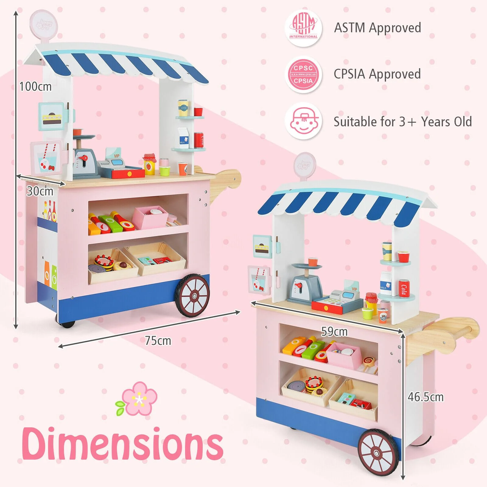 HONEY JOY Wooden Grocery Store Playset, Kids Pretend Role Play Market Stand with Play Food, Beverage Rack - Image 7
