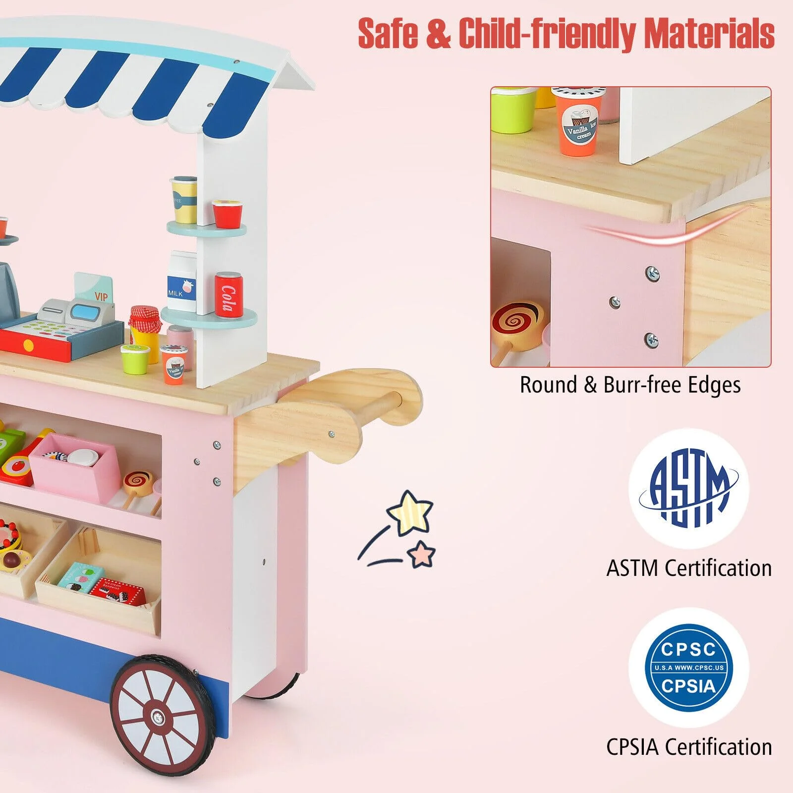 HONEY JOY Wooden Grocery Store Playset, Kids Pretend Role Play Market Stand with Play Food, Beverage Rack - Image 8