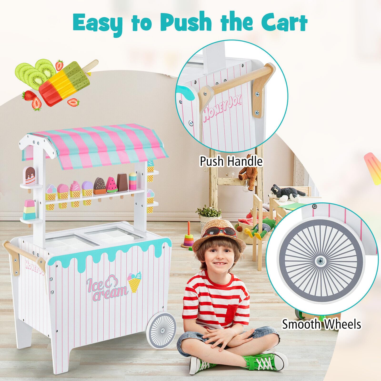HONEY JOY Wooden Ice Cream Cart for Kids - Image 3