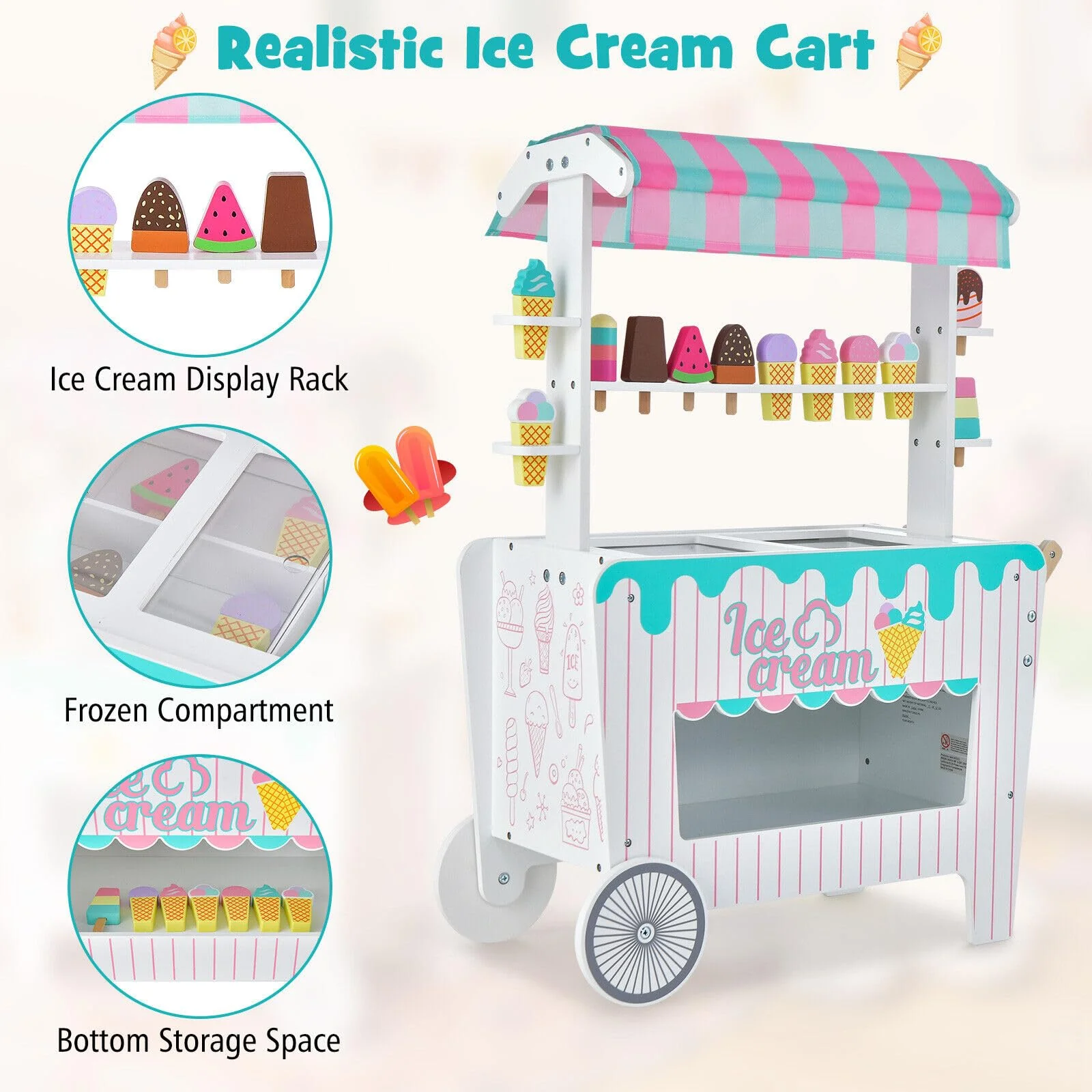 HONEY JOY Wooden Ice Cream Cart for Kids - Image 4