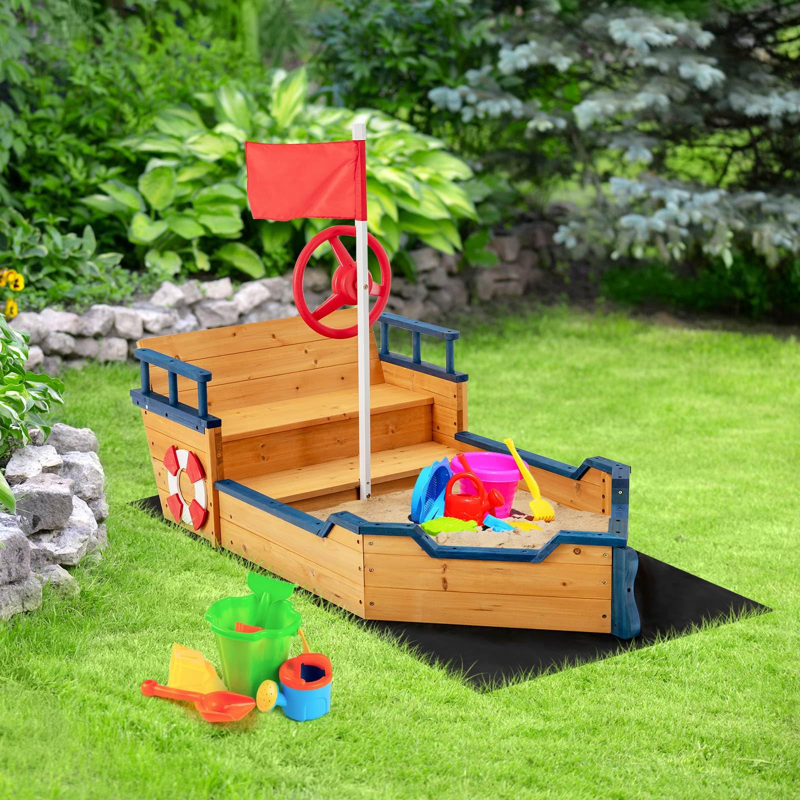 HONEY JOY Wooden Kids Sandbox Outdoor Play Sandpit Toy w/2-in-1 Storage Benches - Image 2