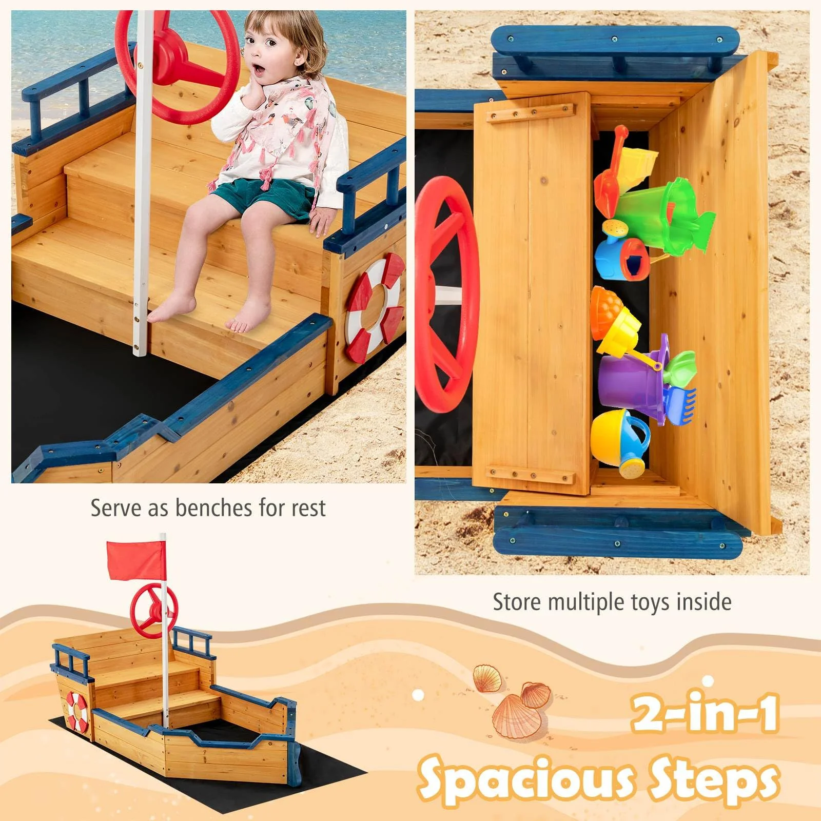 HONEY JOY Wooden Kids Sandbox Outdoor Play Sandpit Toy w/2-in-1 Storage Benches - Image 4