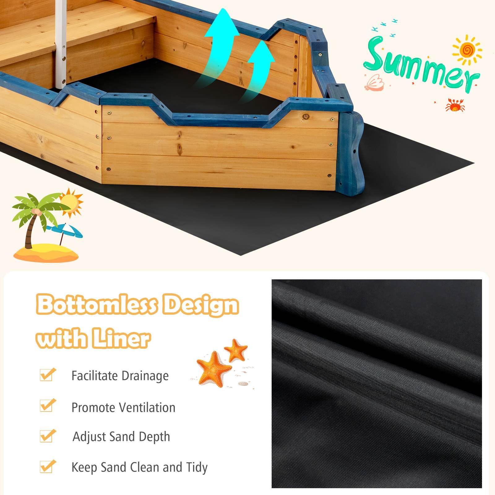 HONEY JOY Wooden Kids Sandbox Outdoor Play Sandpit Toy w/2-in-1 Storage Benches - Image 5