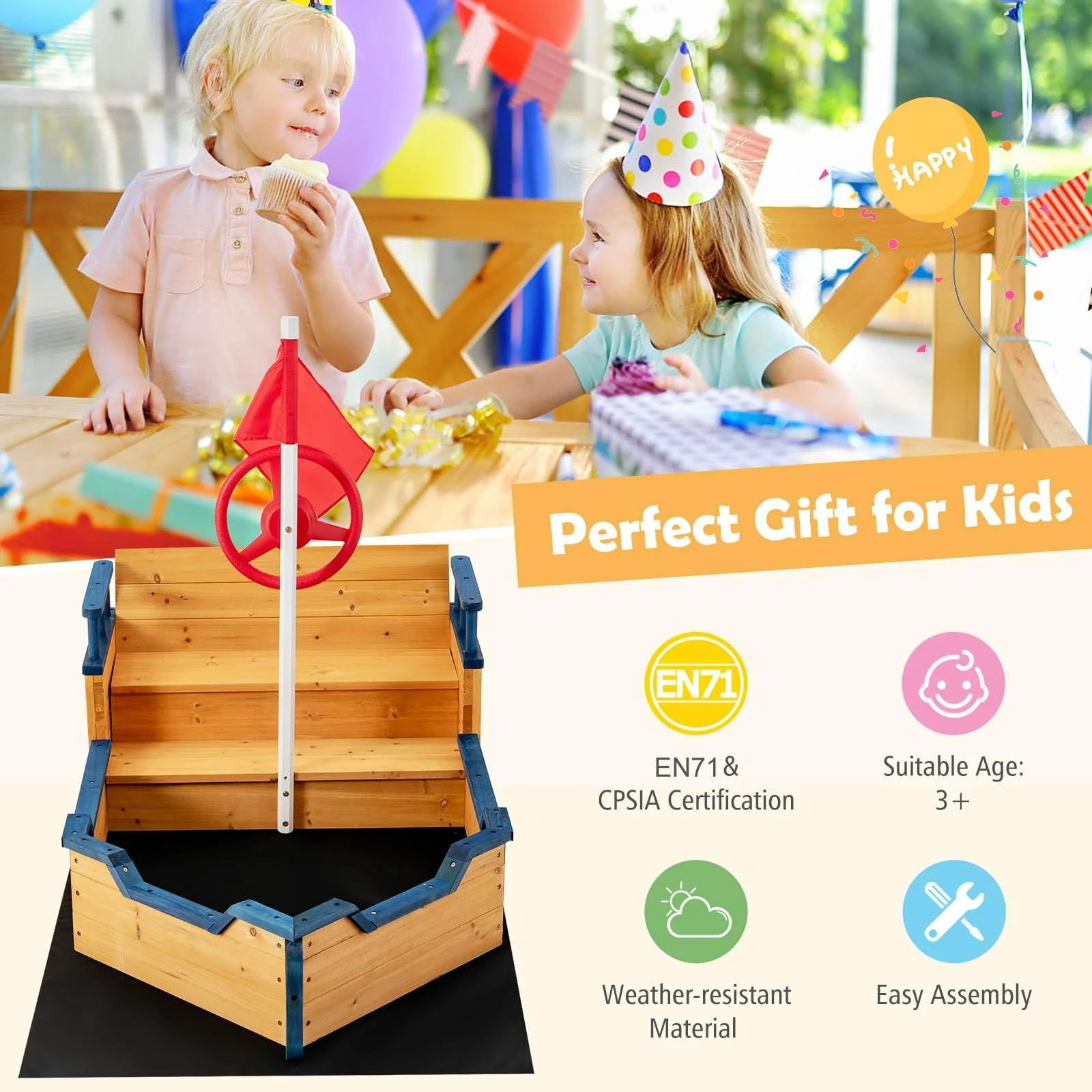 HONEY JOY Wooden Kids Sandbox Outdoor Play Sandpit Toy w/2-in-1 Storage Benches - Image 6