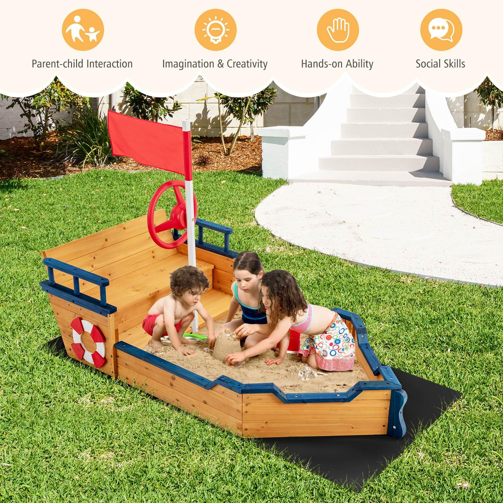 HONEY JOY Wooden Kids Sandbox Outdoor Play Sandpit Toy w/2-in-1 Storage Benches - Image 7