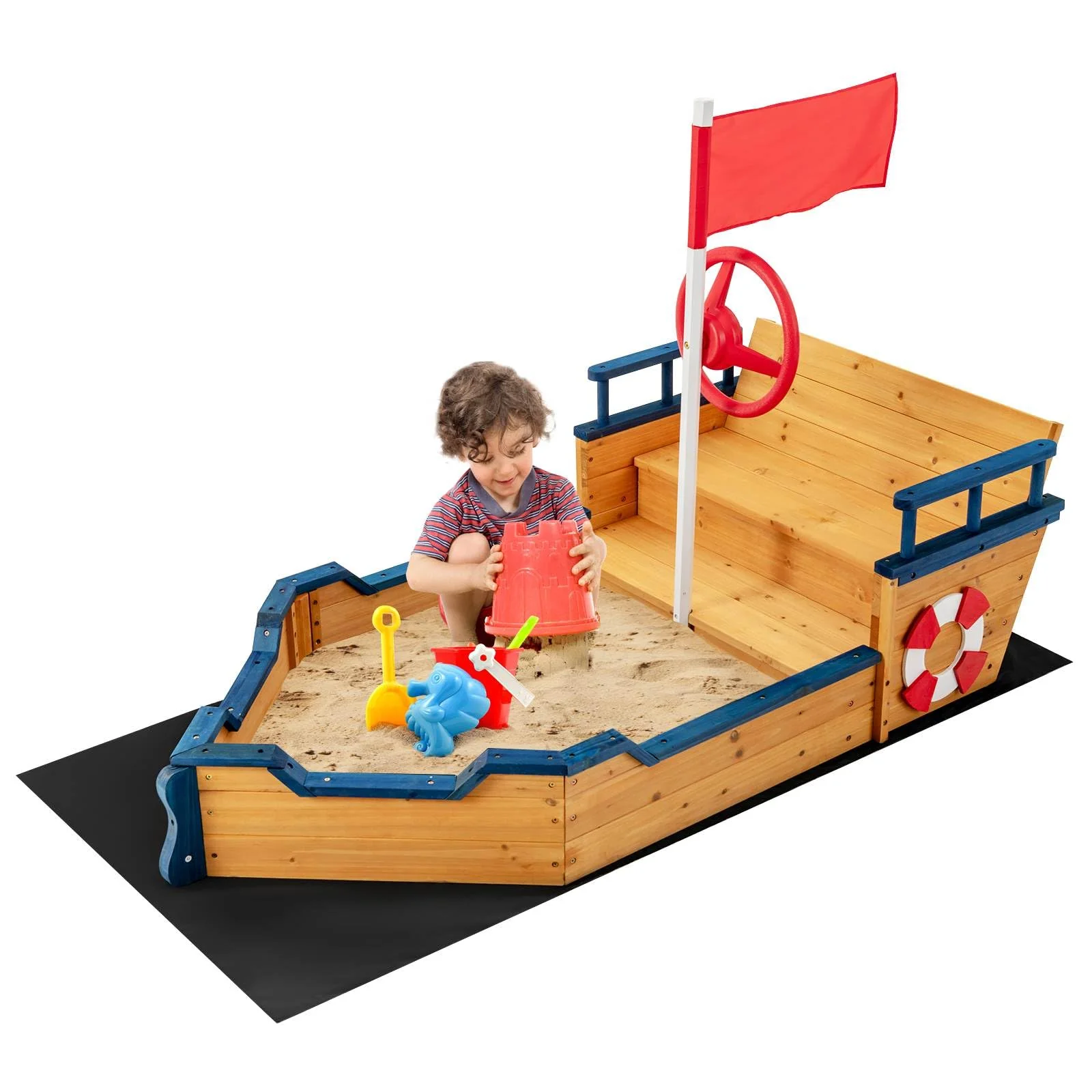 HONEY JOY Wooden Kids Sandbox Outdoor Play Sandpit Toy w/2-in-1 Storage Benches - Image 9