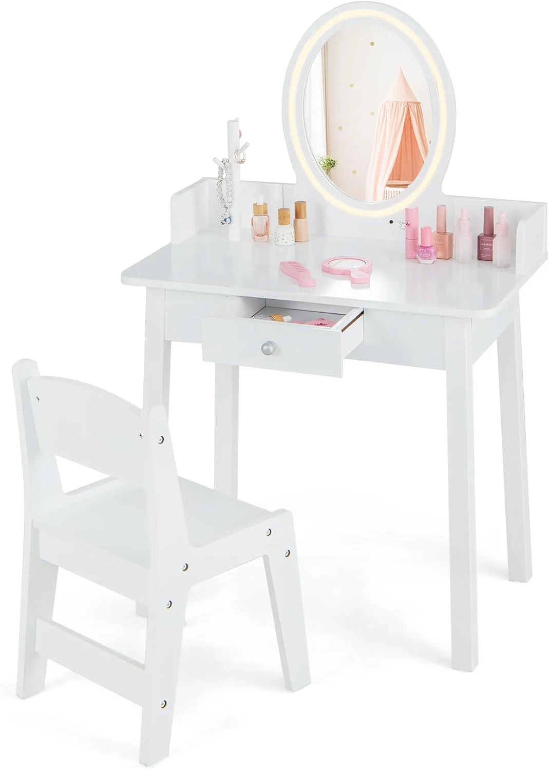 HONEY JOY Wooden Kids Vanity Set w/Lighted Mirror, Makeup Beauty Dressing Table w/Chair - Image 10