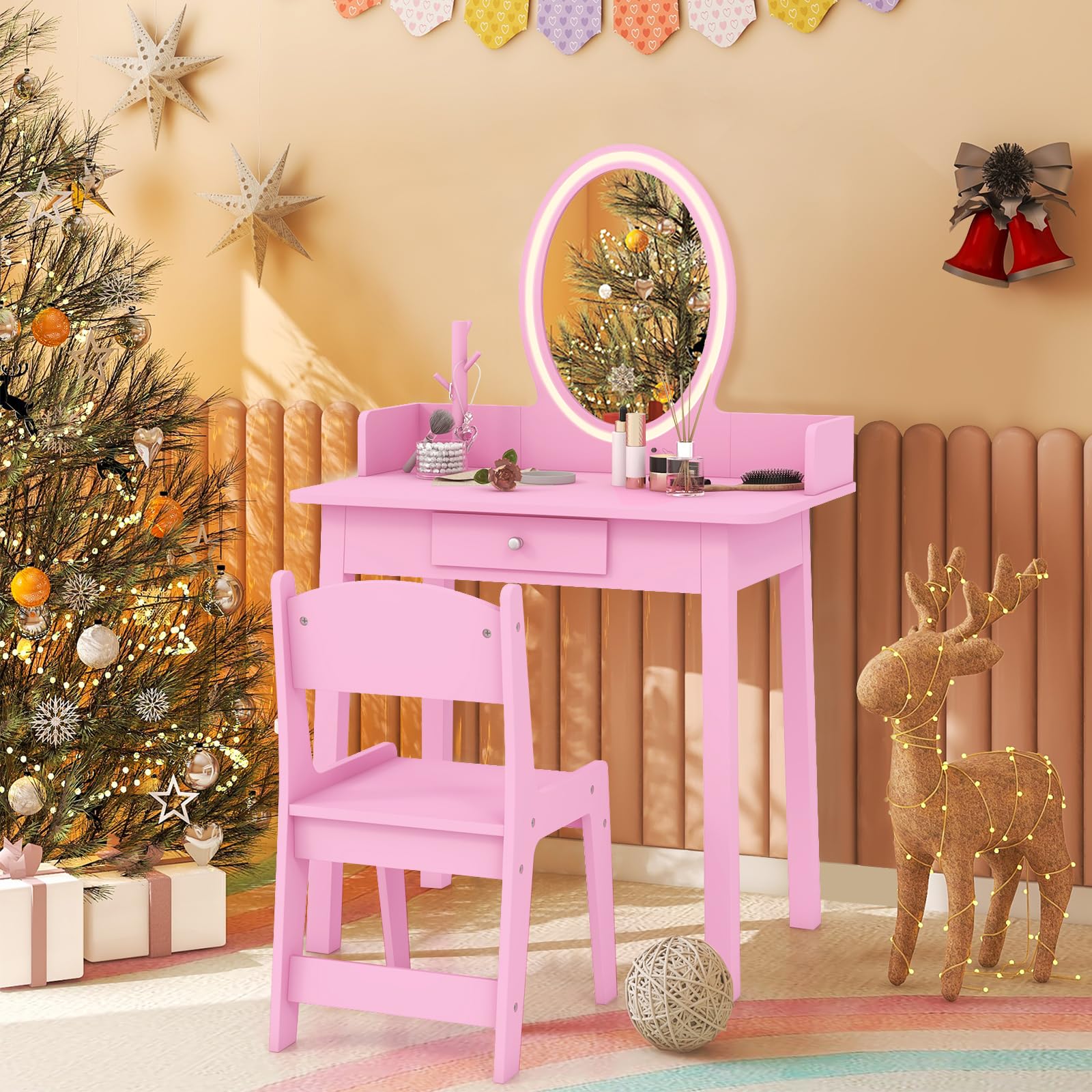 HONEY JOY Wooden Kids Vanity Set w/Lighted Mirror, Makeup Beauty Dressing Table w/Chair - Image 2