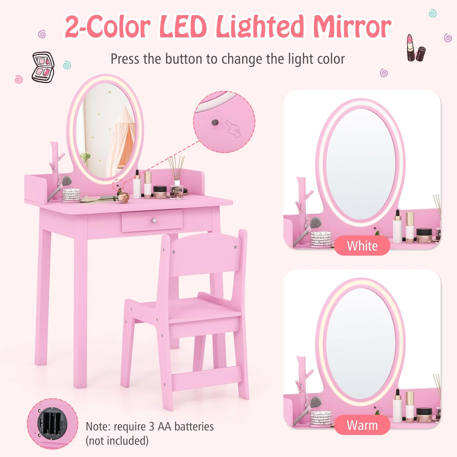 HONEY JOY Wooden Kids Vanity Set w/Lighted Mirror, Makeup Beauty Dressing Table w/Chair - Image 3