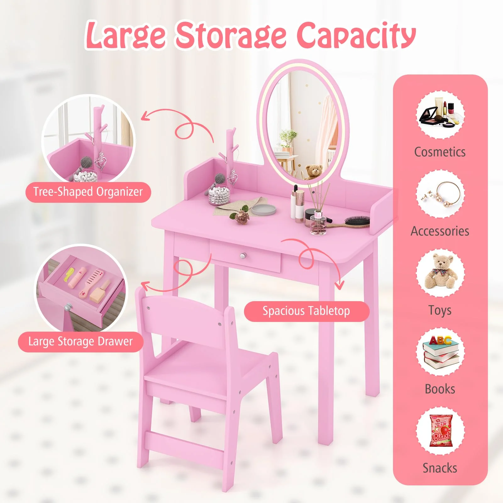 HONEY JOY Wooden Kids Vanity Set w/Lighted Mirror, Makeup Beauty Dressing Table w/Chair - Image 4