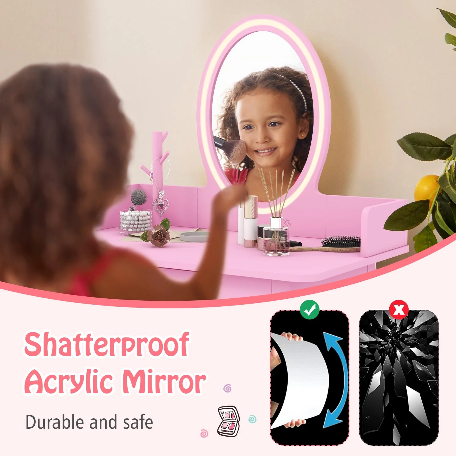 HONEY JOY Wooden Kids Vanity Set w/Lighted Mirror, Makeup Beauty Dressing Table w/Chair - Image 5