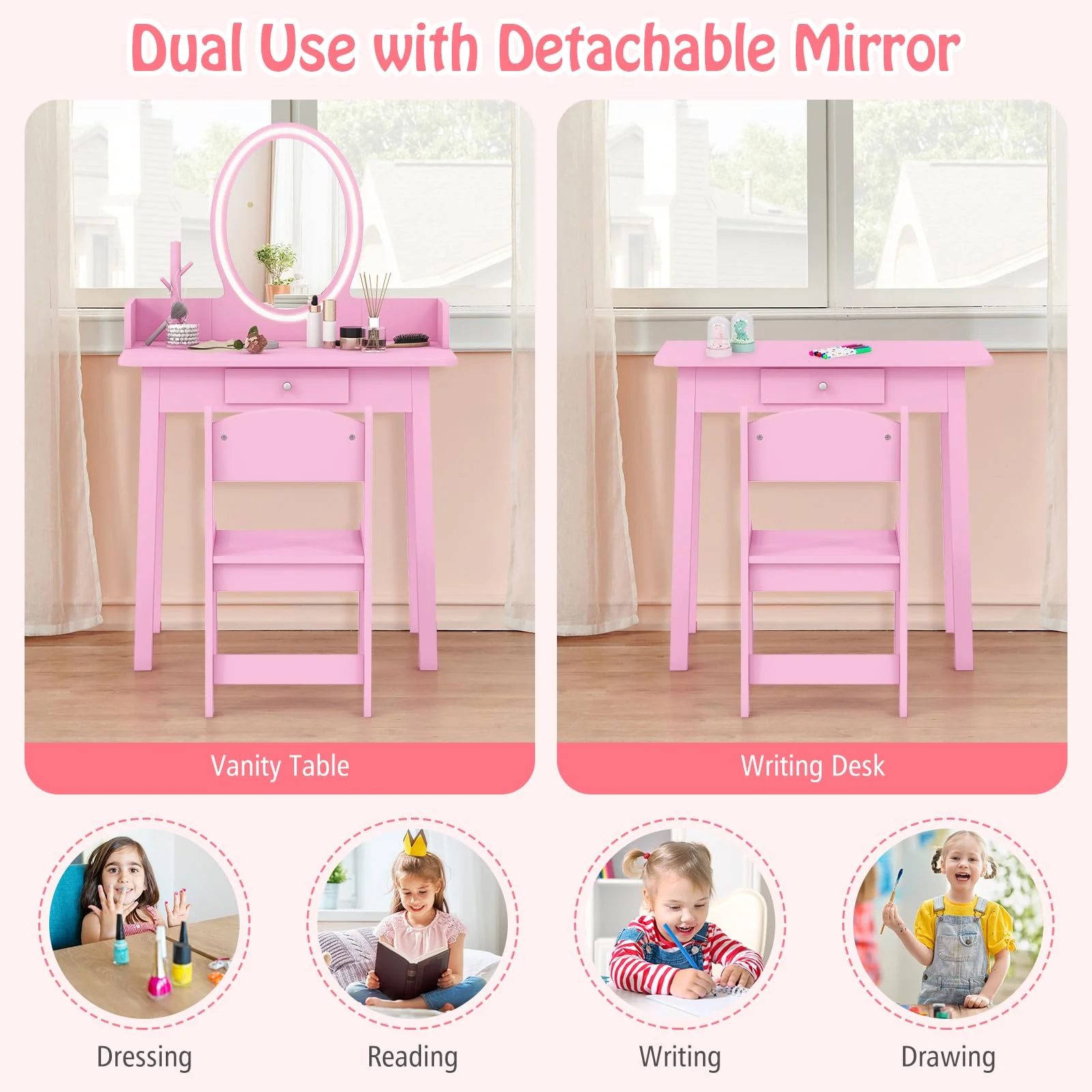 HONEY JOY Wooden Kids Vanity Set w/Lighted Mirror, Makeup Beauty Dressing Table w/Chair - Image 6