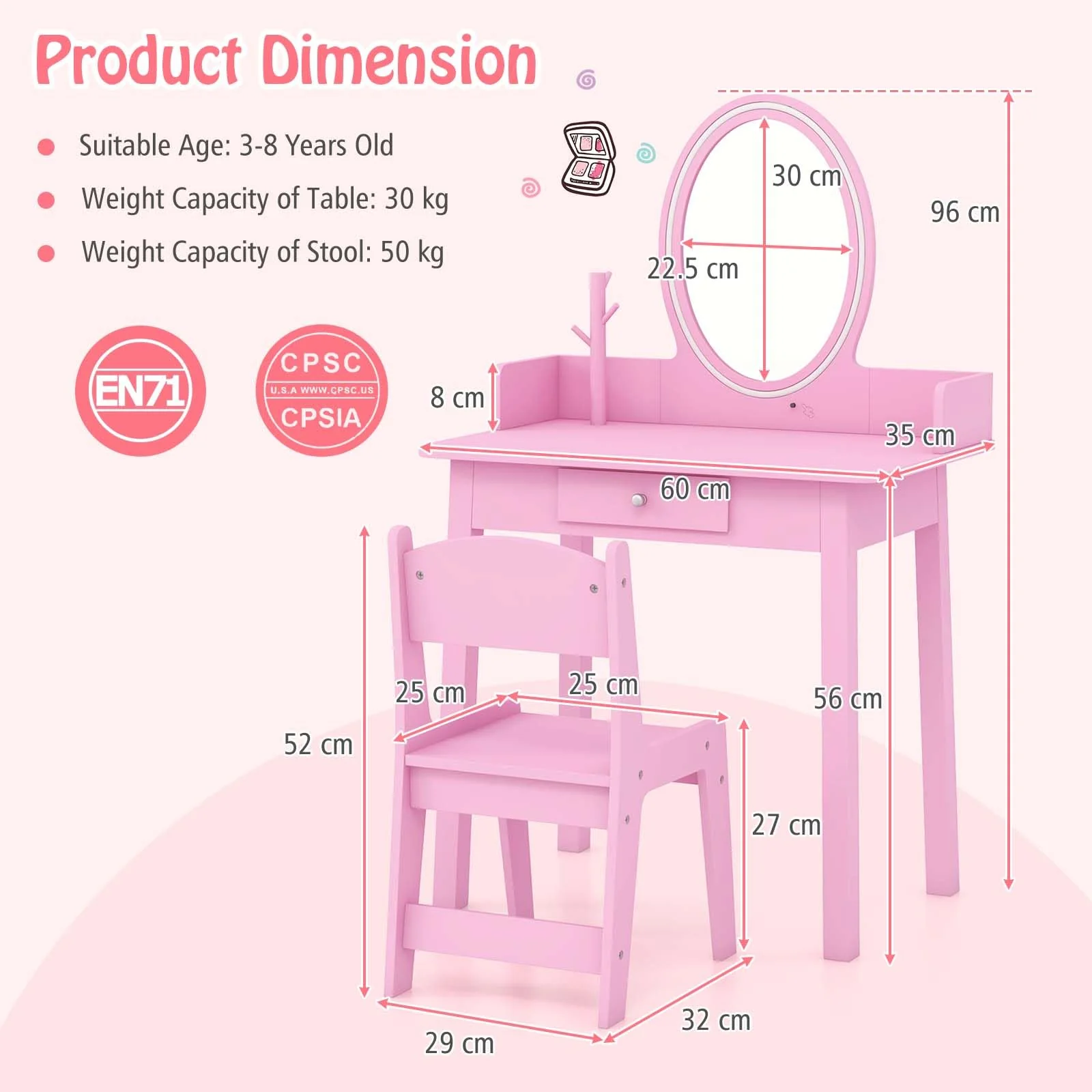 HONEY JOY Wooden Kids Vanity Set w/Lighted Mirror, Makeup Beauty Dressing Table w/Chair - Image 7