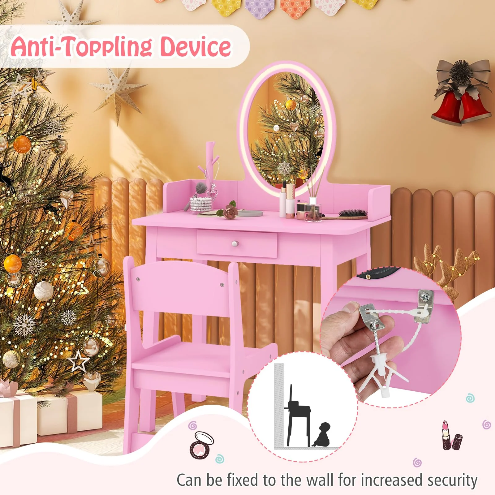 HONEY JOY Wooden Kids Vanity Set w/Lighted Mirror, Makeup Beauty Dressing Table w/Chair - Image 8