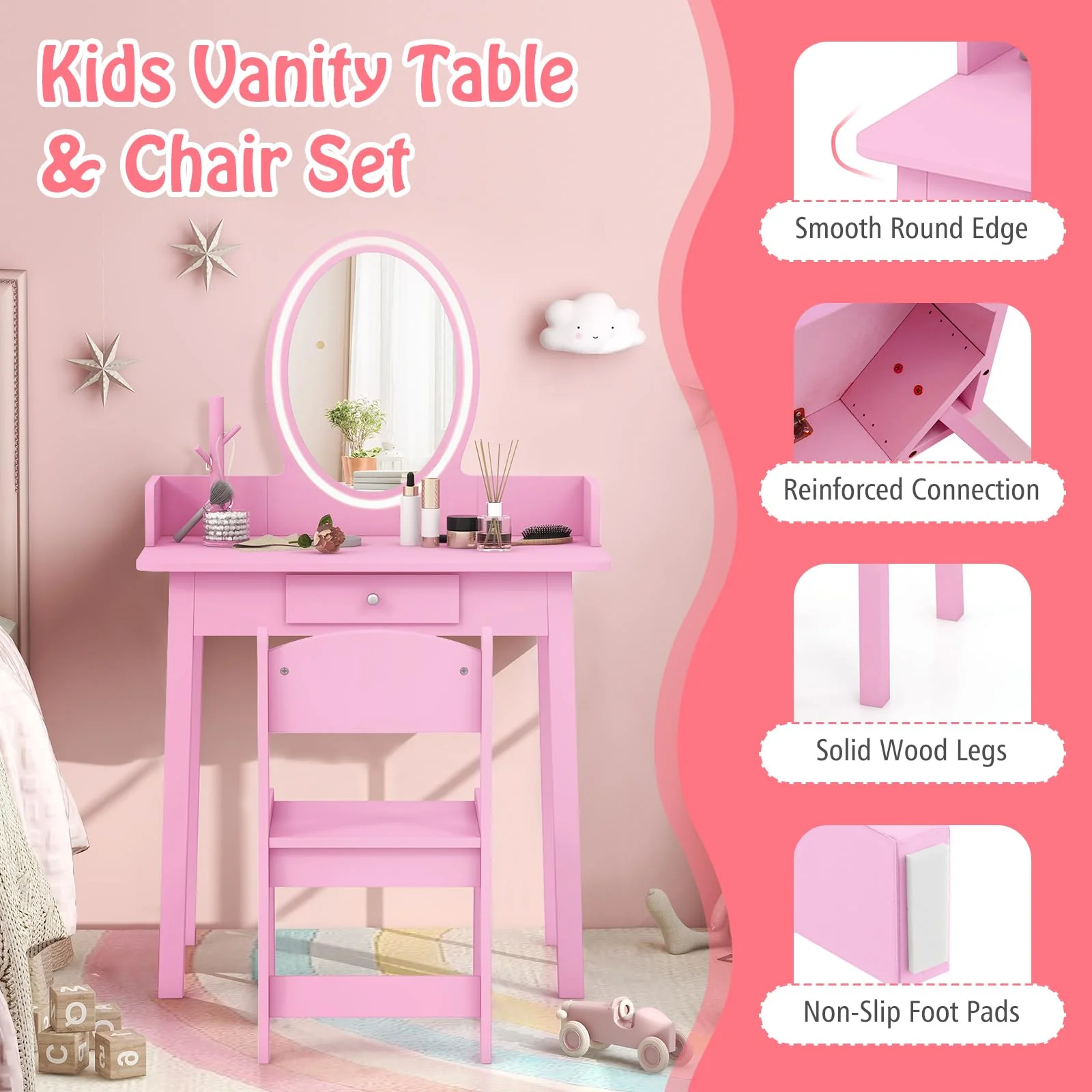 HONEY JOY Wooden Kids Vanity Set w/Lighted Mirror, Makeup Beauty Dressing Table w/Chair - Image 9