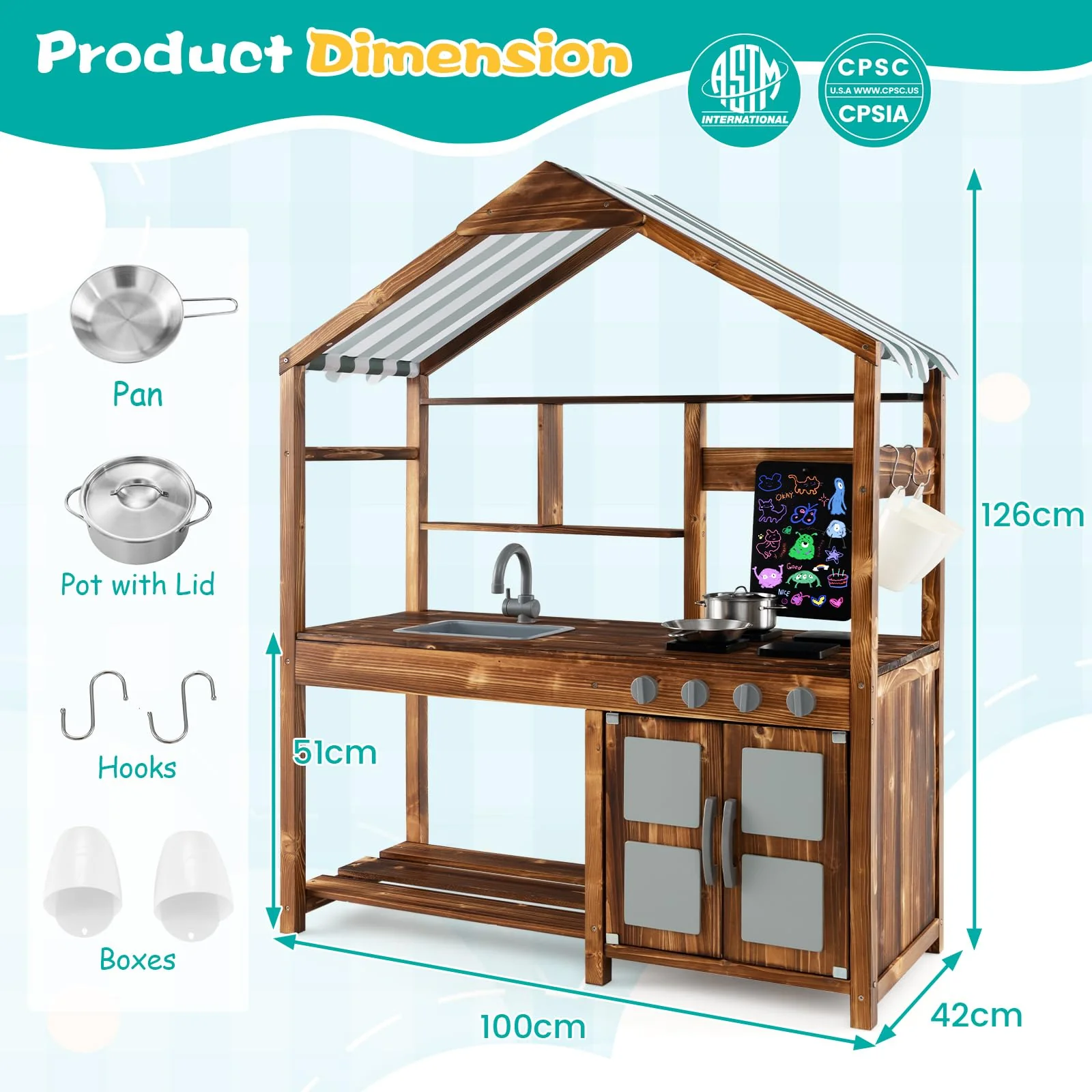 HONEY JOY Wooden Mud Kitchen, Outdoor Play Kitchen with Roof, Chalkboard, Stoves, Removable Sink and Kitchen Accessories - Image 3