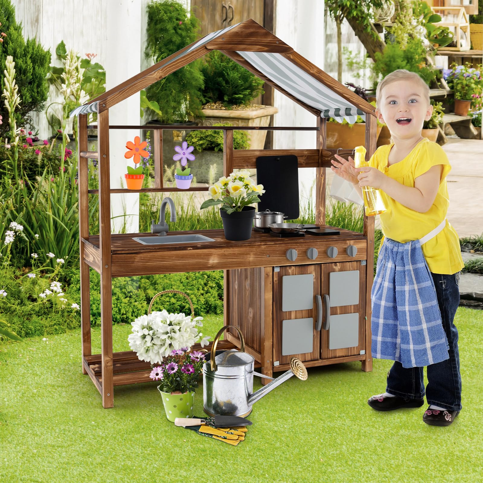 HONEY JOY Wooden Mud Kitchen, Outdoor Play Kitchen with Roof, Chalkboard, Stoves, Removable Sink and Kitchen Accessories - Image 5