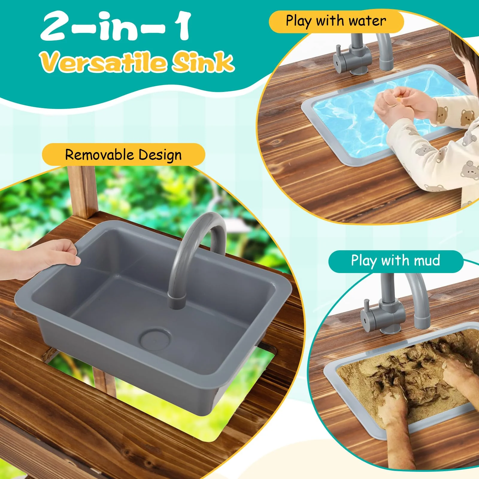 HONEY JOY Wooden Mud Kitchen, Outdoor Play Kitchen with Roof, Chalkboard, Stoves, Removable Sink and Kitchen Accessories - Image 6
