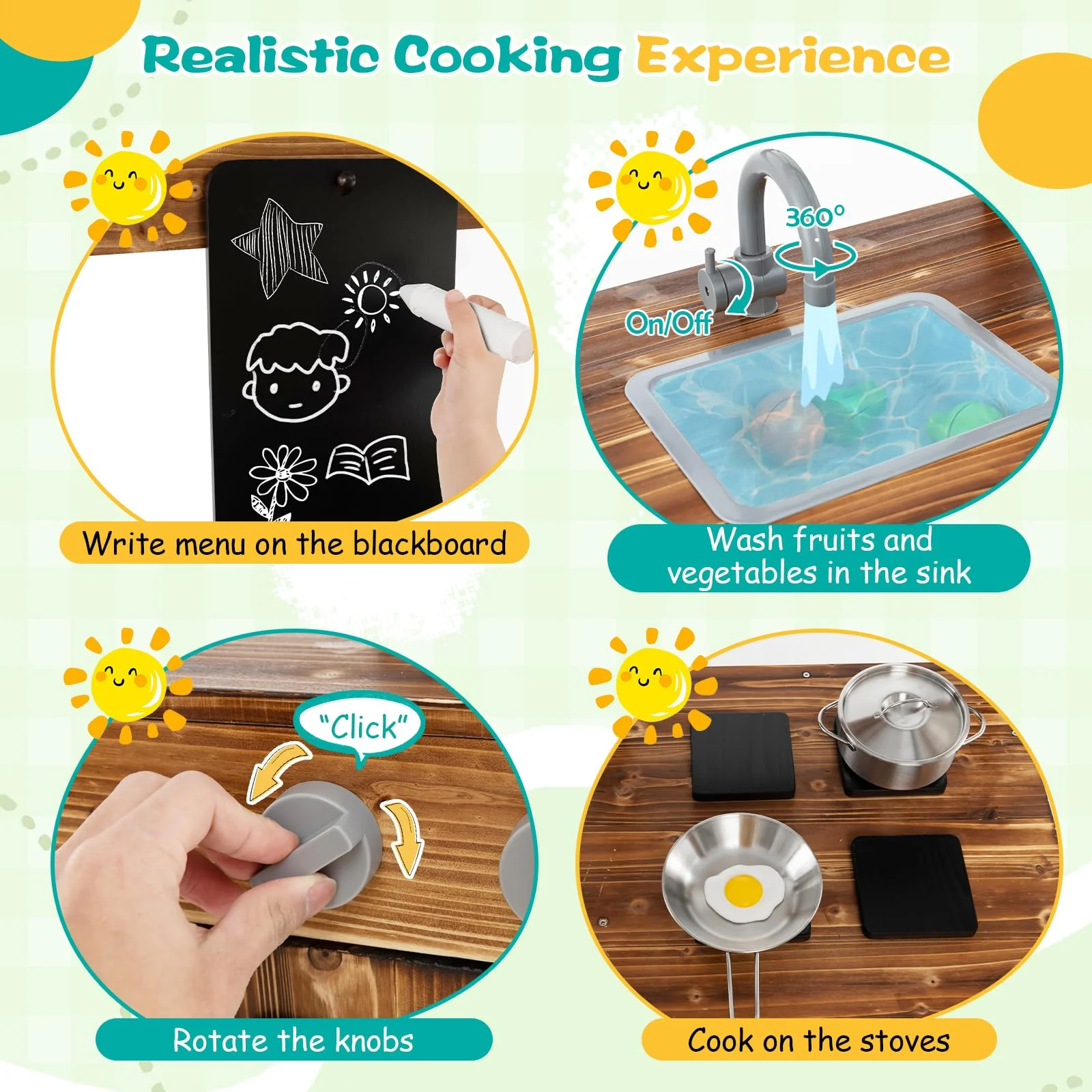 HONEY JOY Wooden Mud Kitchen, Outdoor Play Kitchen with Roof, Chalkboard, Stoves, Removable Sink and Kitchen Accessories - Image 7