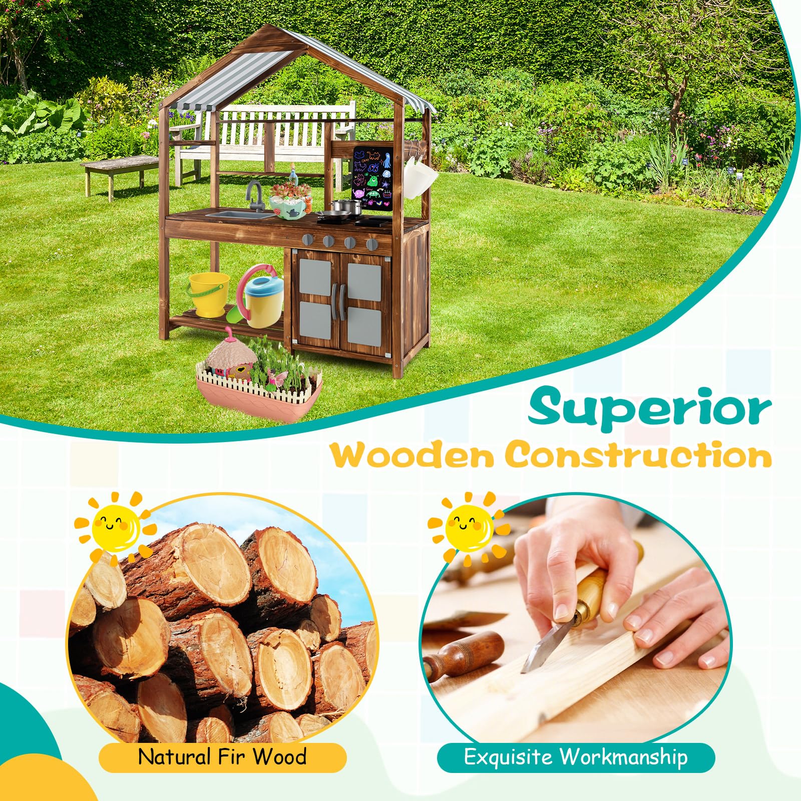HONEY JOY Wooden Mud Kitchen, Outdoor Play Kitchen with Roof, Chalkboard, Stoves, Removable Sink and Kitchen Accessories - Image 8