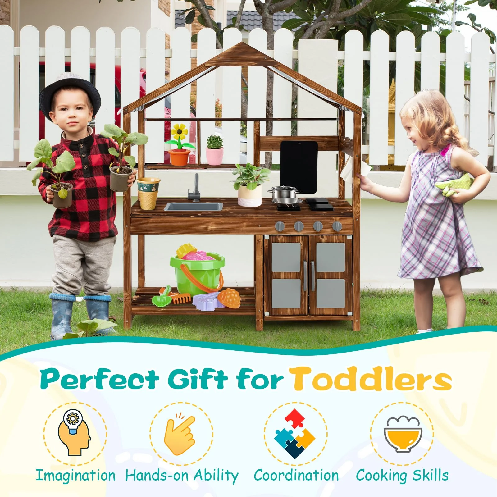 HONEY JOY Wooden Mud Kitchen, Outdoor Play Kitchen with Roof, Chalkboard, Stoves, Removable Sink and Kitchen Accessories - Image 9