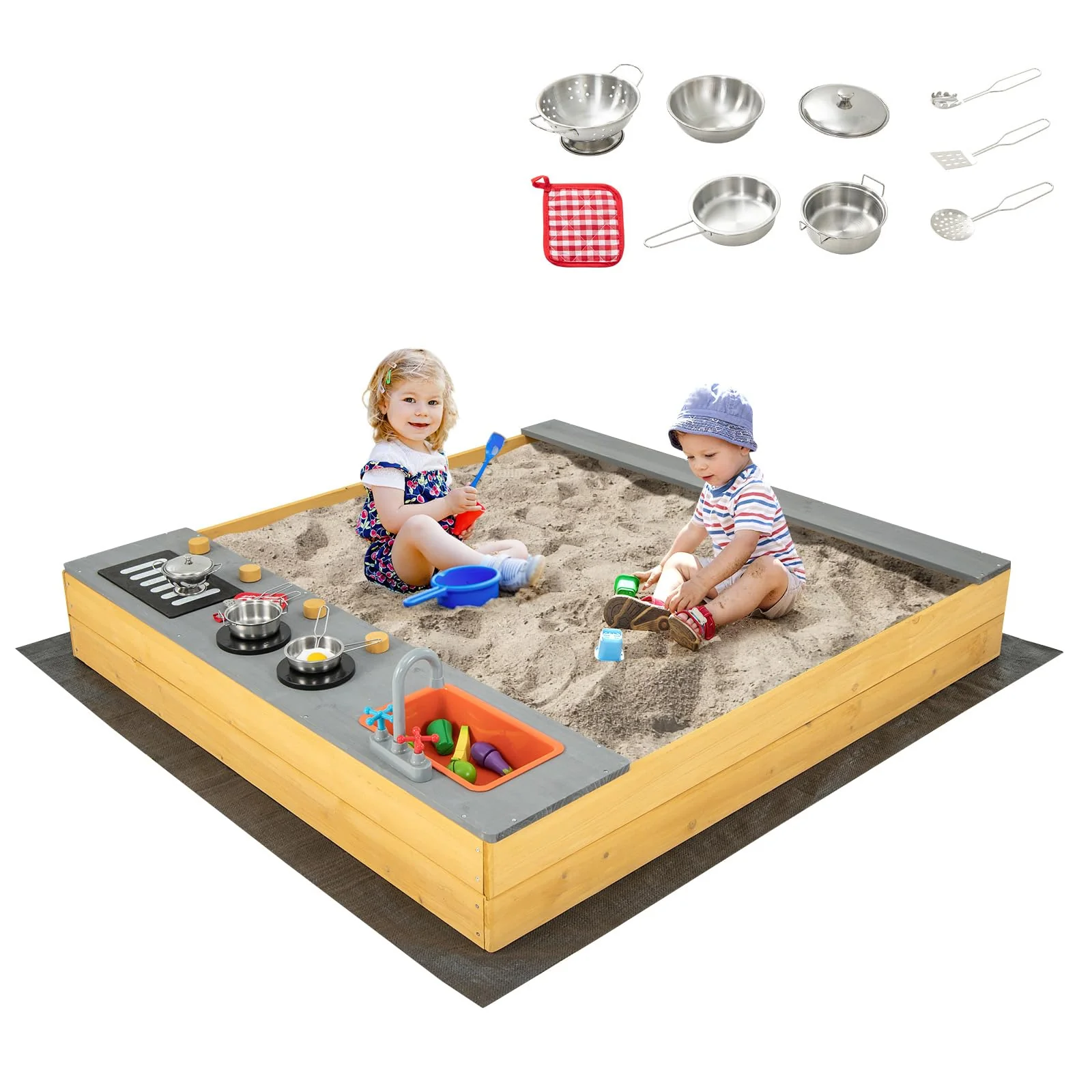 HONEY JOY Wooden Sandbox, Kids Sand Pit with Kitchen Playset Accessories and Built-in Bench Seat - Image 2