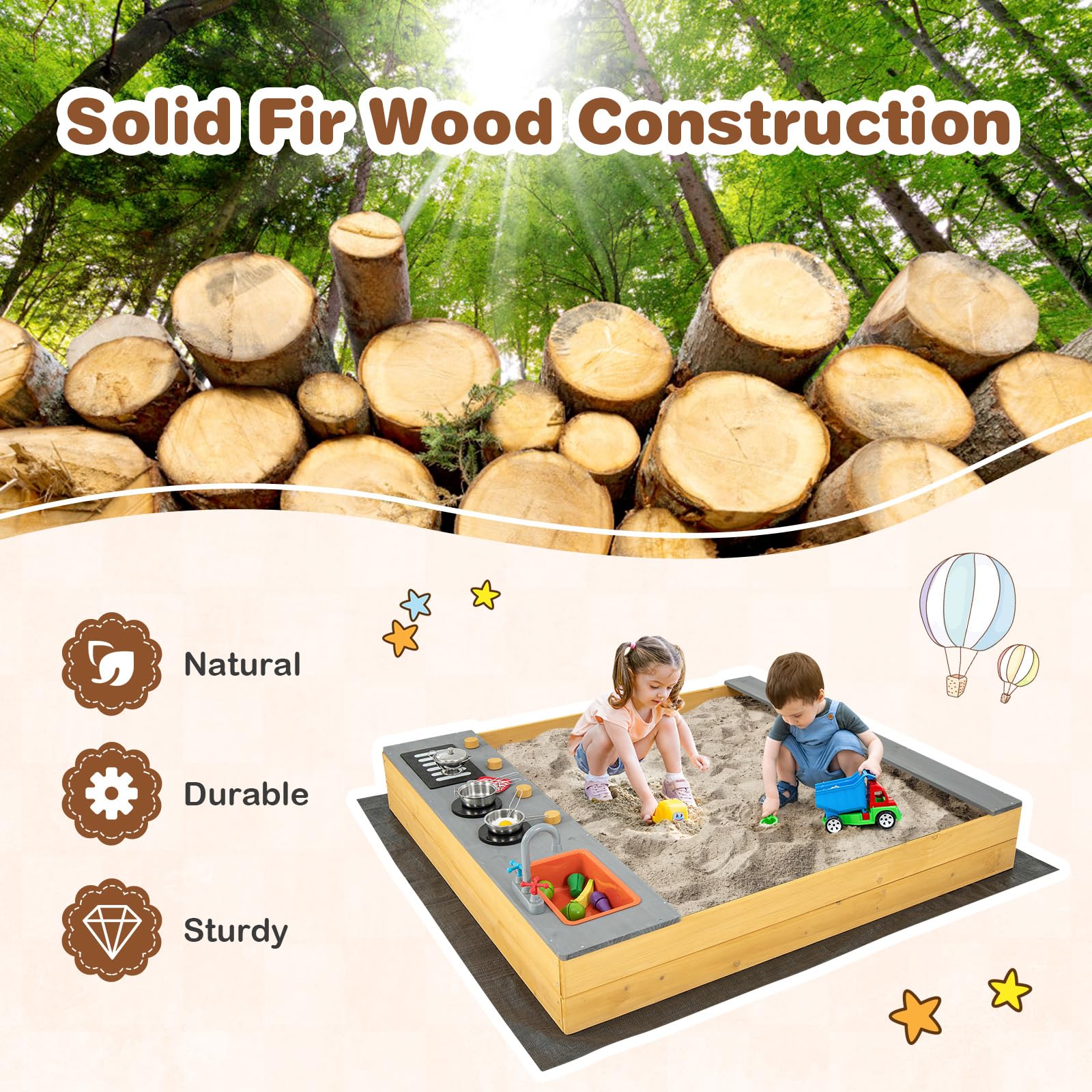 HONEY JOY Wooden Sandbox, Kids Sand Pit with Kitchen Playset Accessories and Built-in Bench Seat - Image 5