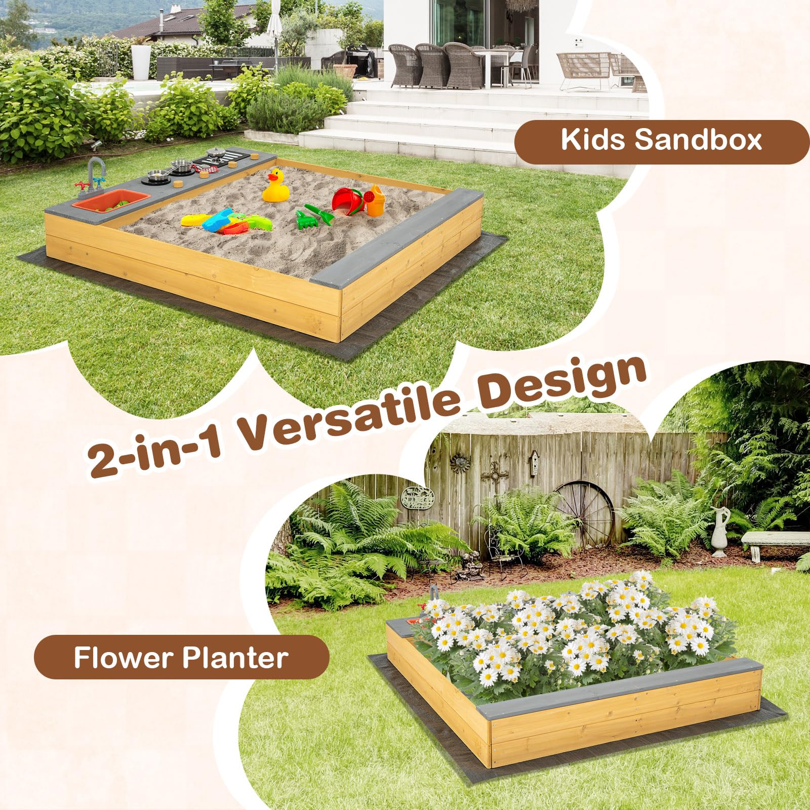 HONEY JOY Wooden Sandbox, Kids Sand Pit with Kitchen Playset Accessories and Built-in Bench Seat - Image 6