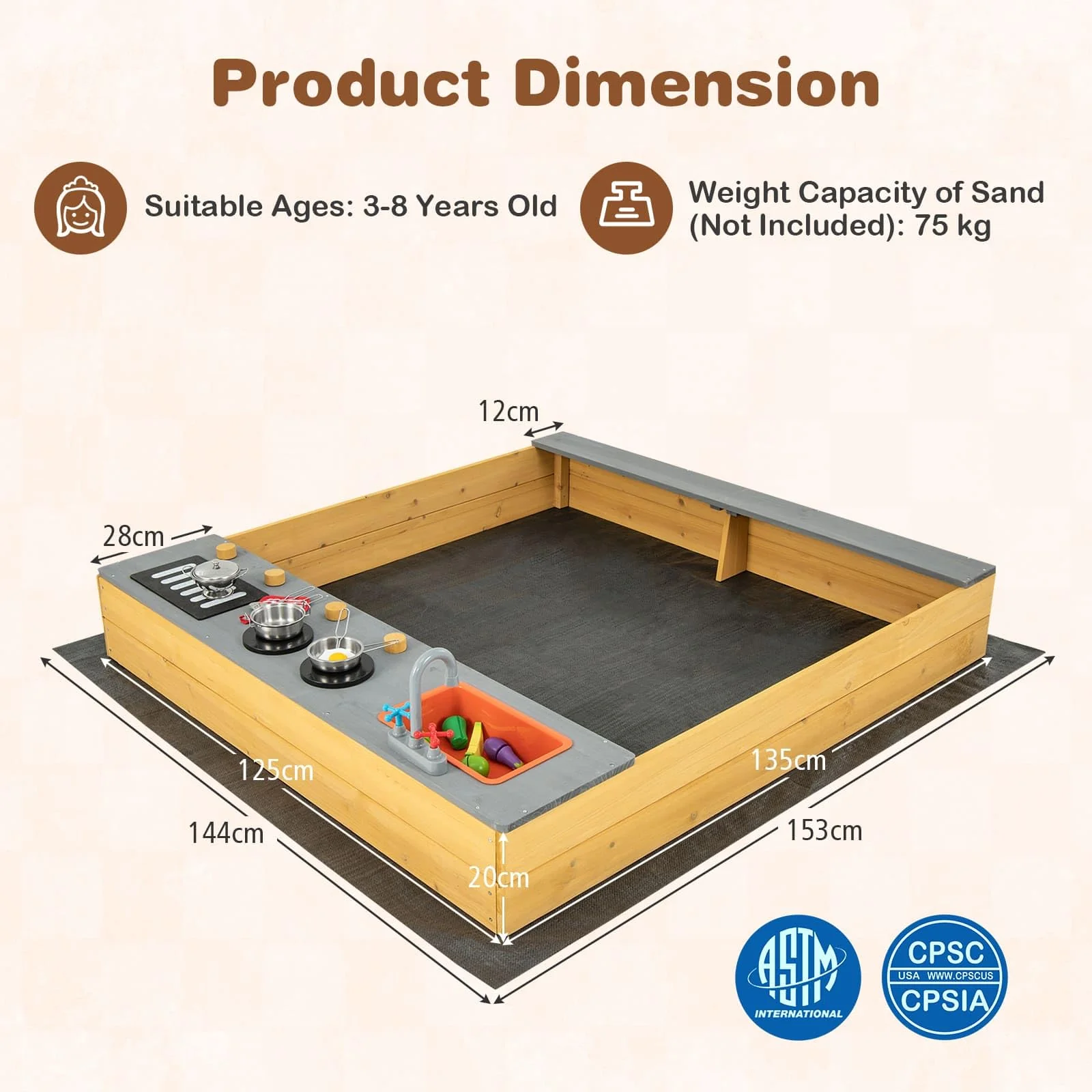 HONEY JOY Wooden Sandbox, Kids Sand Pit with Kitchen Playset Accessories and Built-in Bench Seat - Image 7