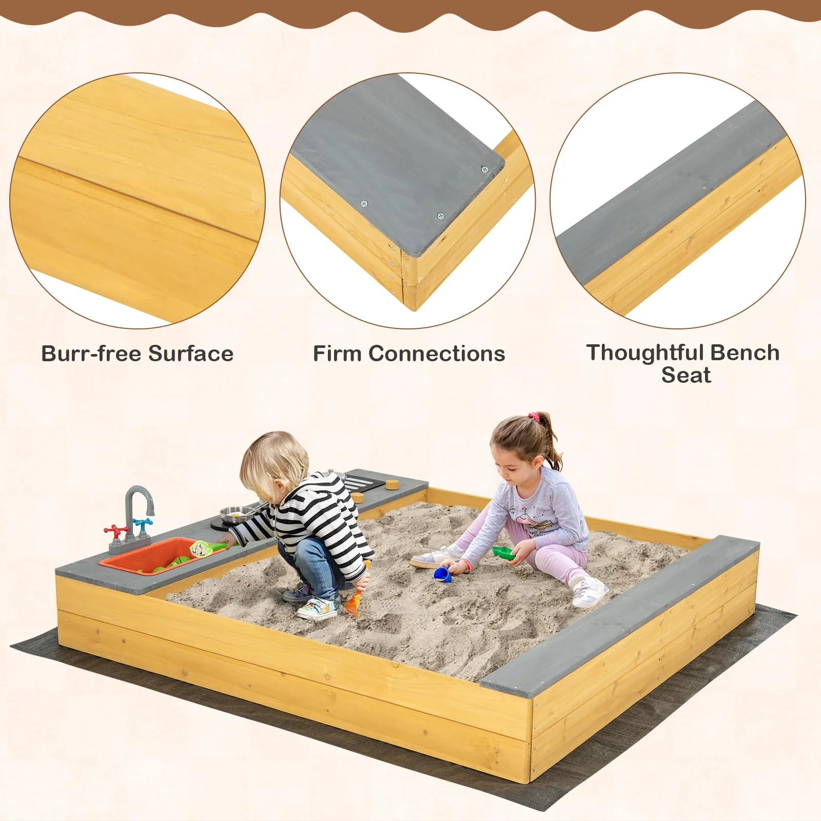 HONEY JOY Wooden Sandbox, Kids Sand Pit with Kitchen Playset Accessories and Built-in Bench Seat - Image 9