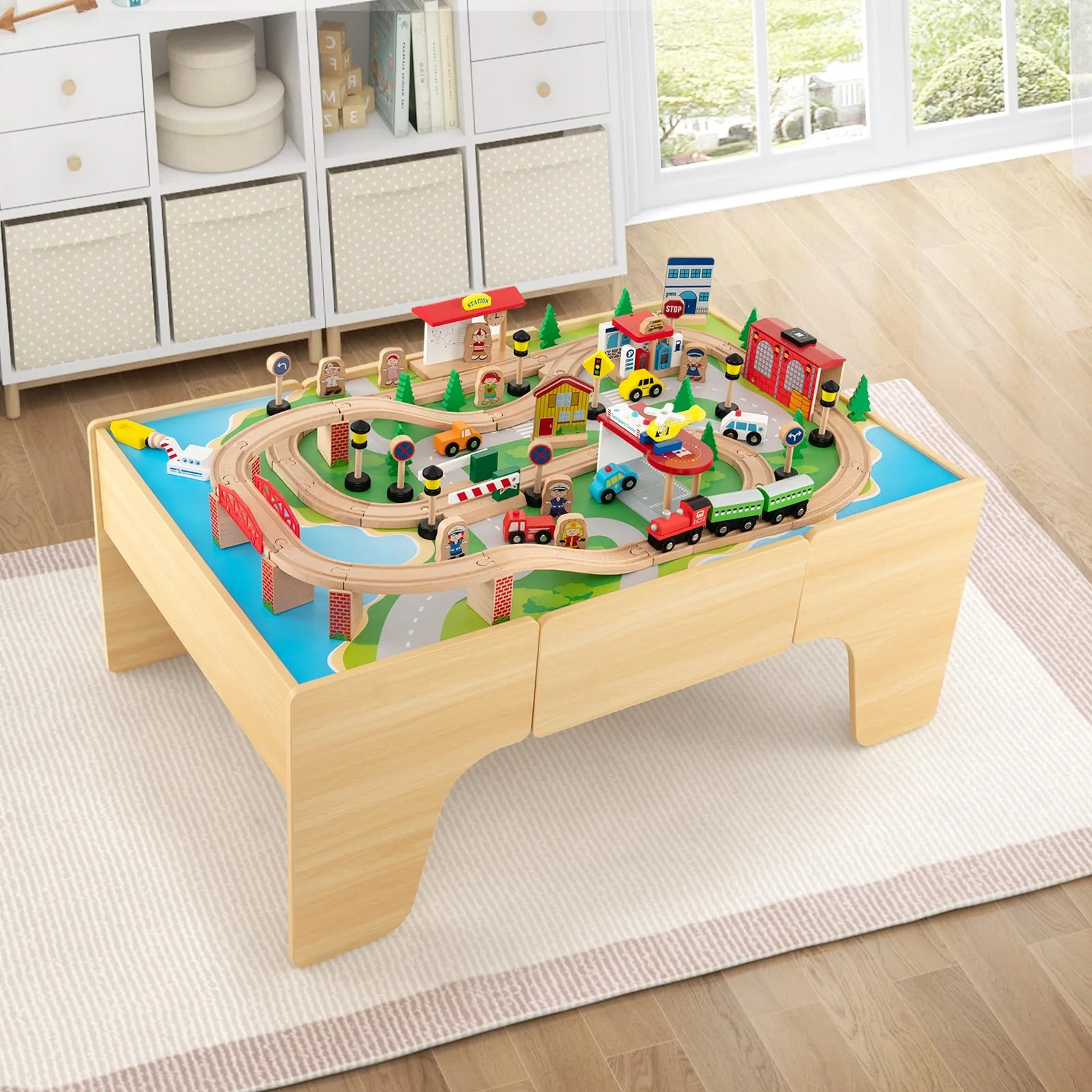 HONEY JOY Wooden Train Table Set - Image 3