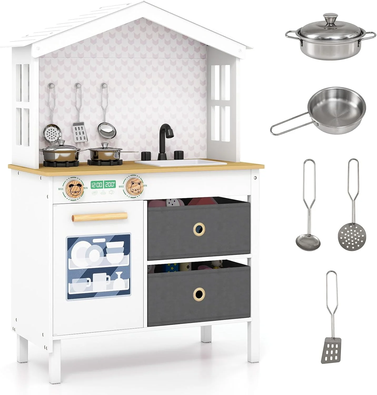 House-Shaped Play Kitchen, Kids Kitchen Playset - Image 10