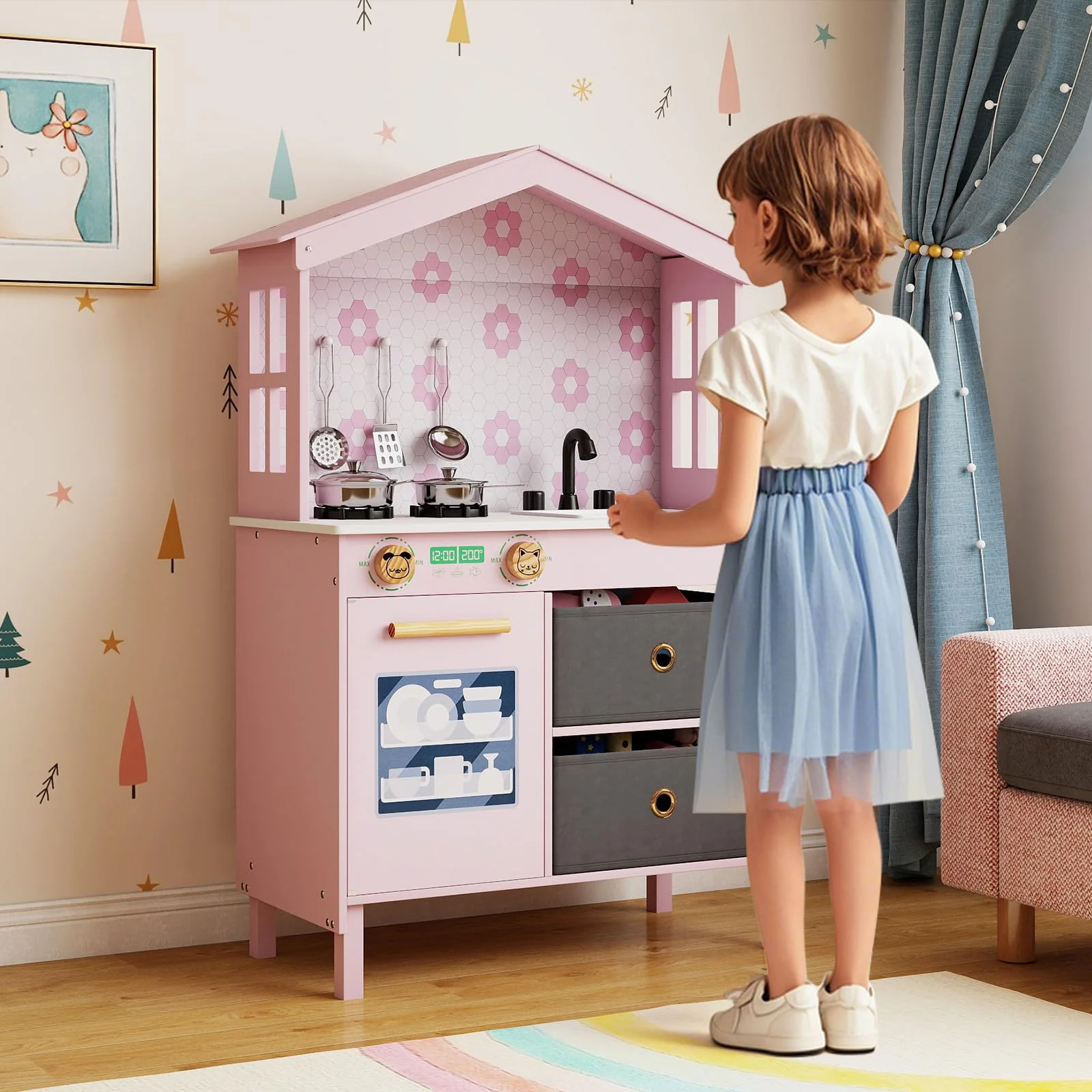 House-Shaped Play Kitchen, Kids Kitchen Playset - Image 2