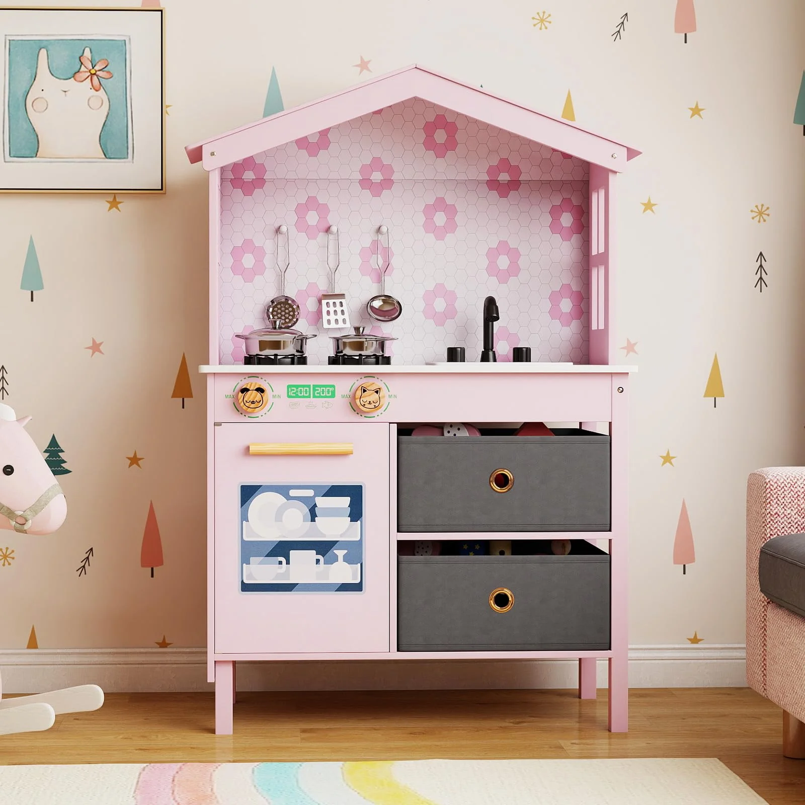 House-Shaped Play Kitchen, Kids Kitchen Playset - Image 3