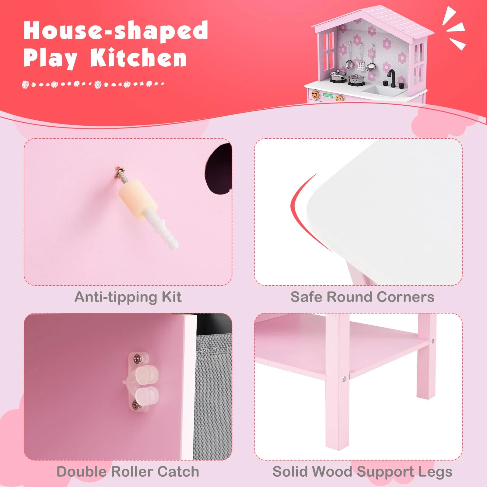 House-Shaped Play Kitchen, Kids Kitchen Playset - Image 7