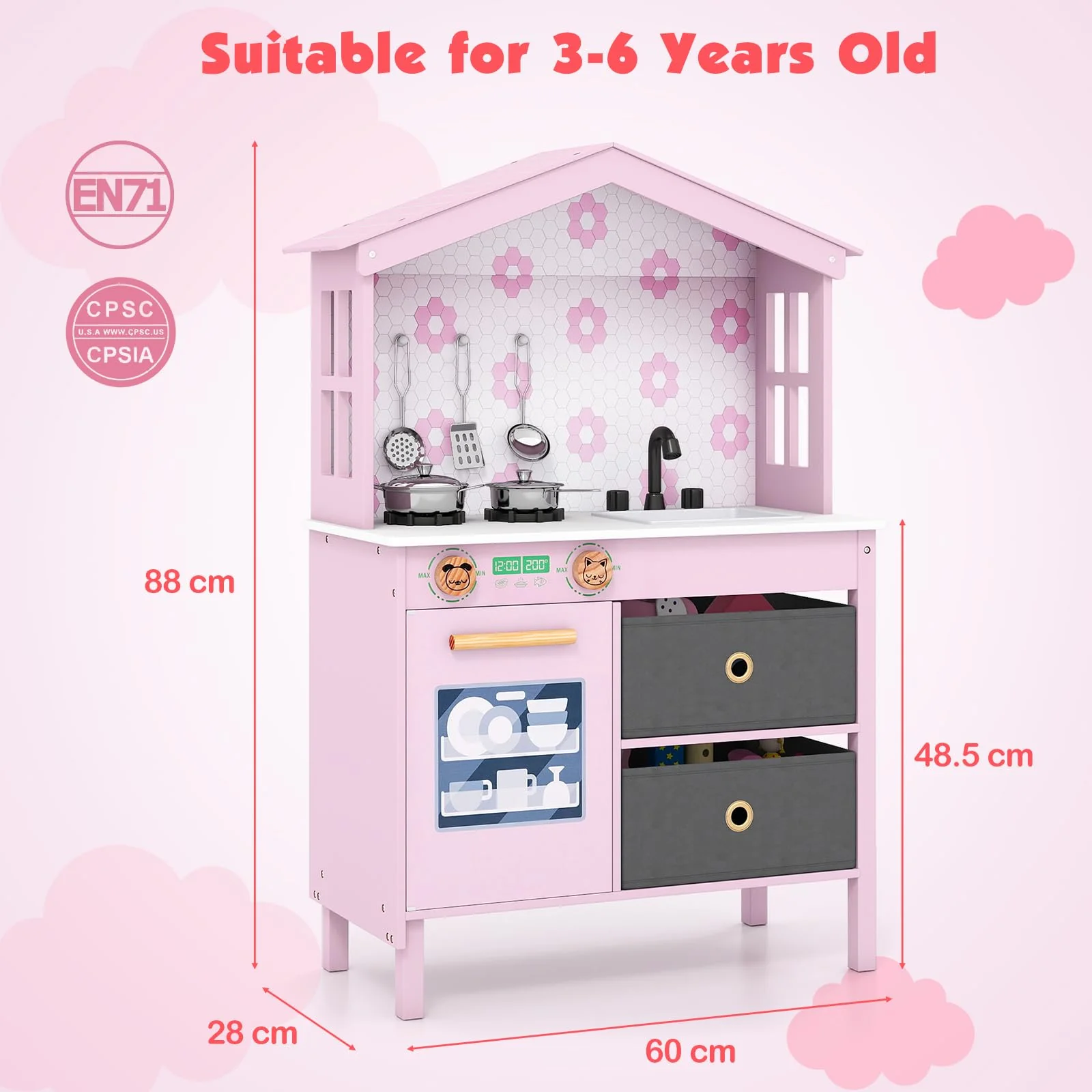 House-Shaped Play Kitchen, Kids Kitchen Playset - Image 8