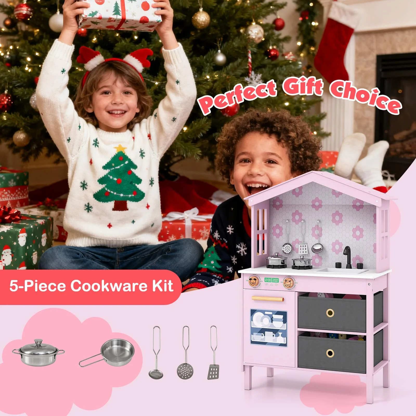 House-Shaped Play Kitchen, Kids Kitchen Playset - Image 9
