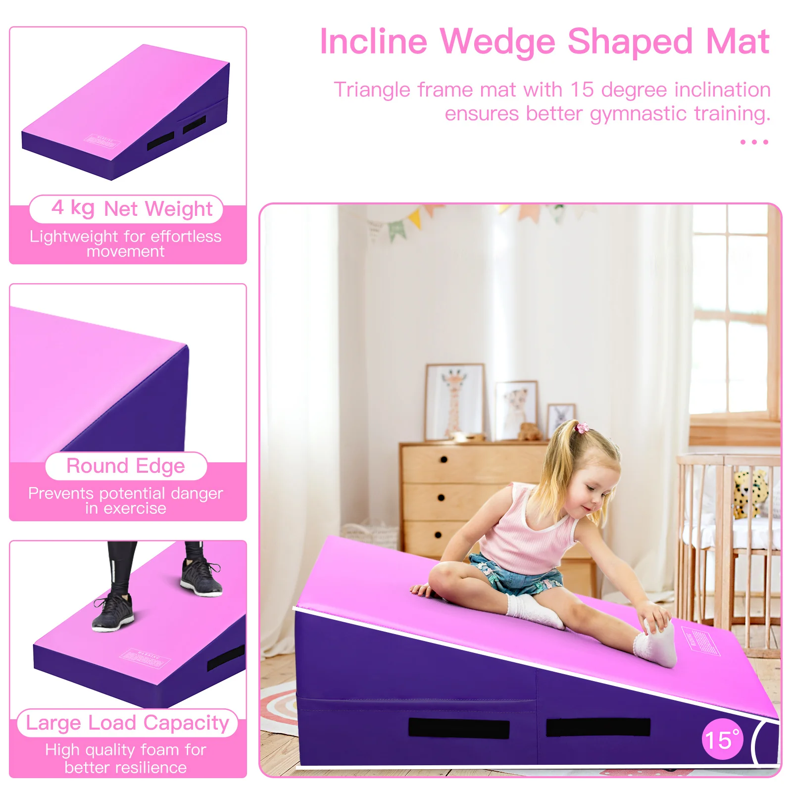Incline Gymnastics Mat, Gym Fitness Skill Shape Tumbling Mat with Carrying Handles - Image 3