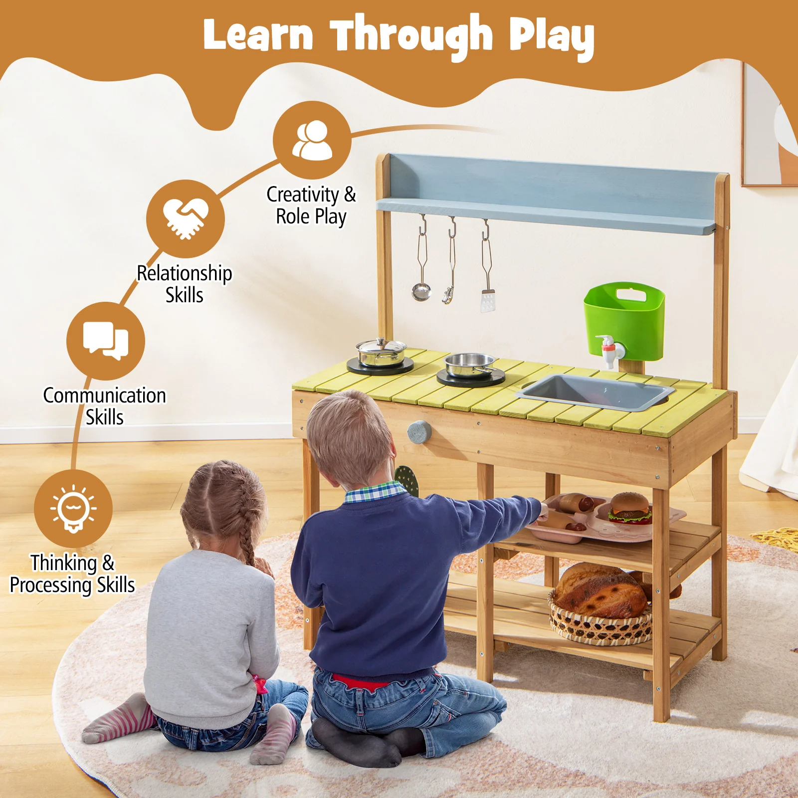 Indoor Outdoor Wooden Kitchen Play Set for Toddlers Ages 3+ - Image 5