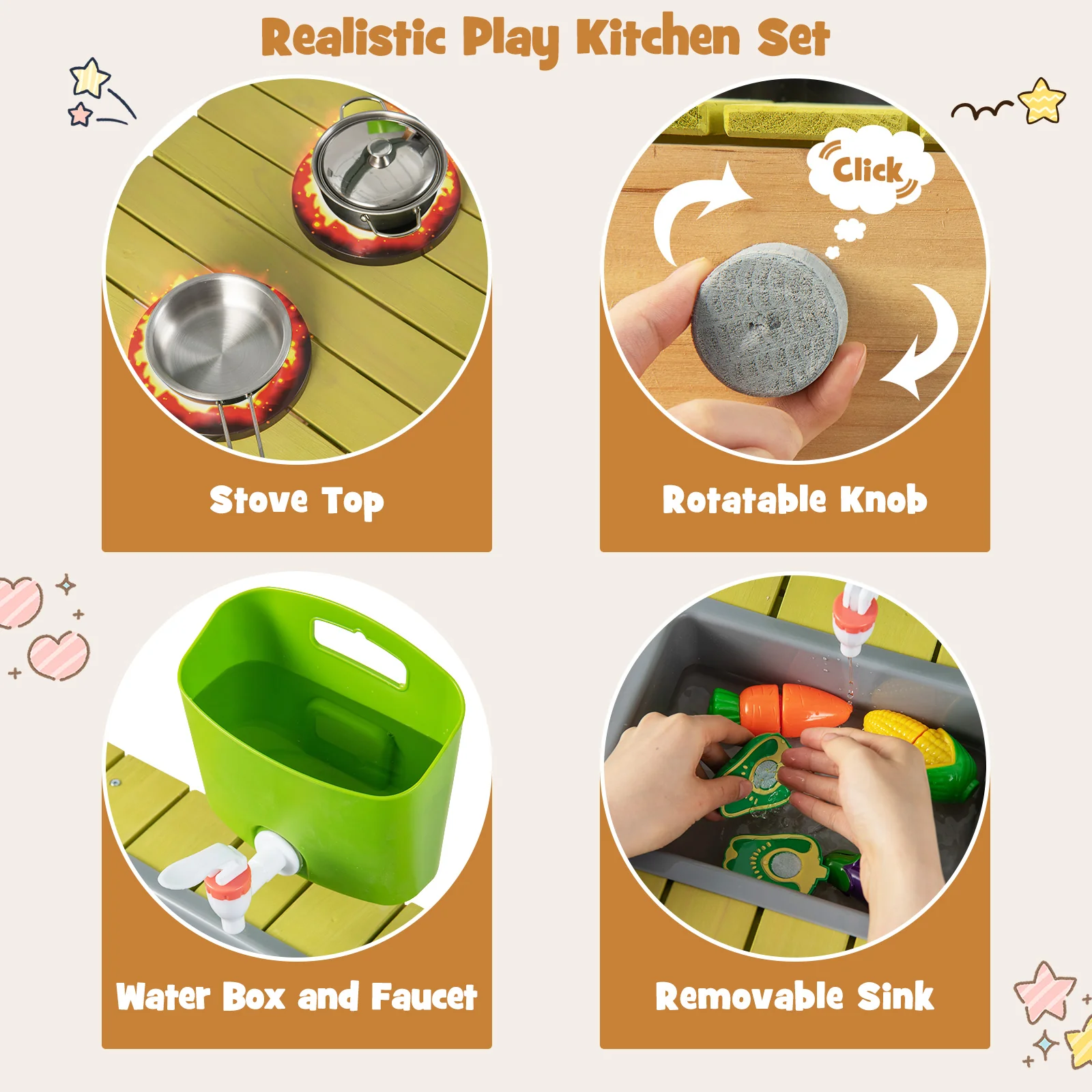 Indoor Outdoor Wooden Kitchen Play Set for Toddlers Ages 3+ - Image 7